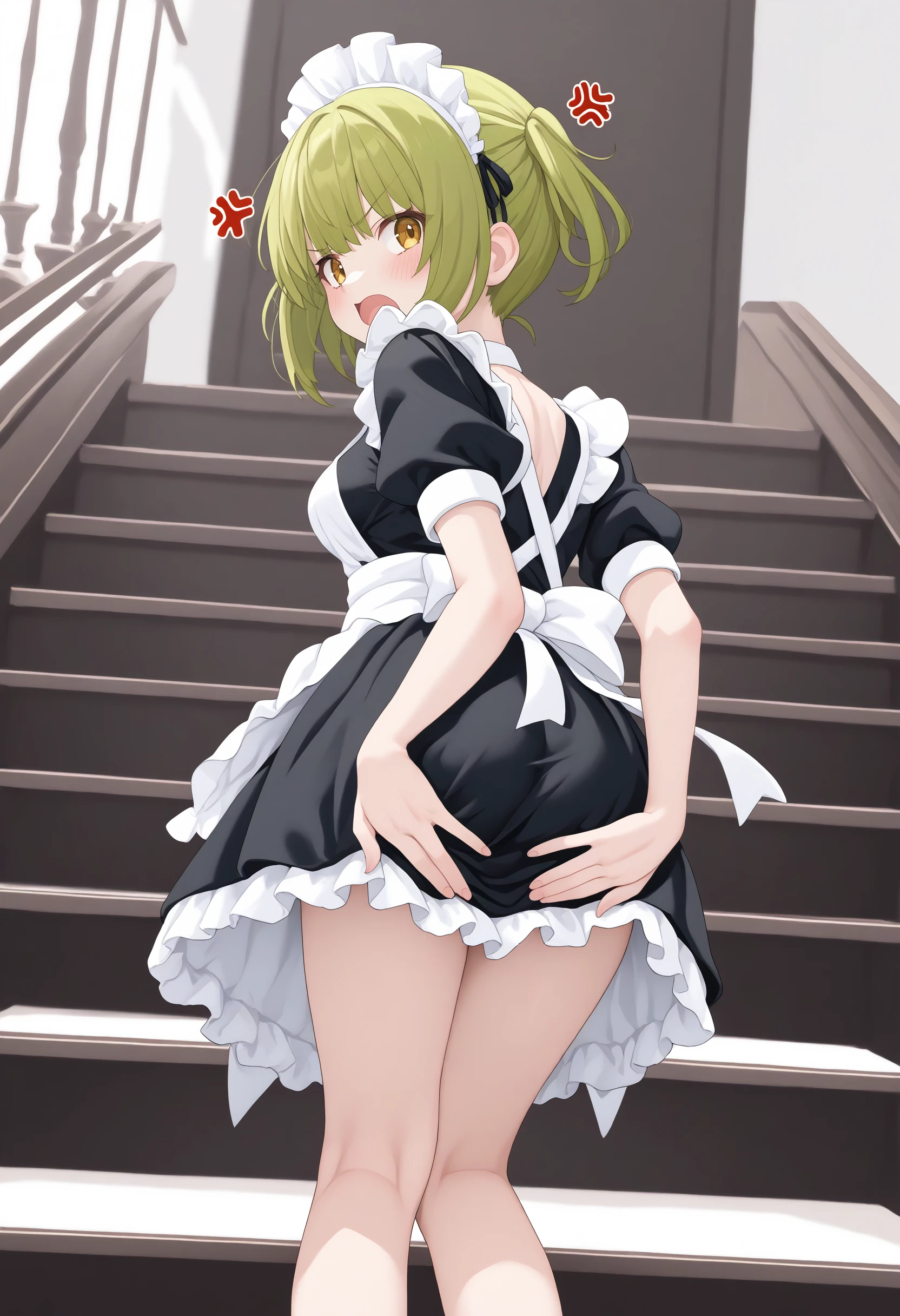 (masterpiece:0.7), (best quality:1.1),
(by sincos:0.5),(by ningen mame:0.5),(by toosaka asagi:0.5),
1girl,solo,medium breasts, maid, maid headdress,
covering crotch, covering privates, from behind,stairs, covering ass,  <lora:coveringcrotch_Pony_v1:0.8>
from behind, feet out of frame, looking back, green hair, golden eyes,anger vein, open mouth, short twintails hair,