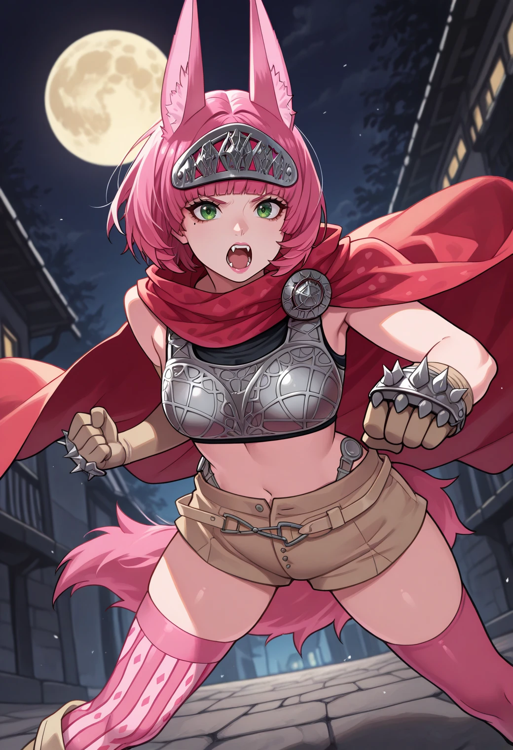 masterpiece, best quality, 1girl, punching, incoming attack, foreshortening, shouting, looking at viewer, fang, pink lips, legs apart, <lora:CatherinaMR-illu:1> cathMR, pink hair, short hair, blunt bangs, green eyes, mole under eye, forehead protector, fox ears, red cape, boobplate, midriff, bare shoulders, uneven gloves, beige gloves, gauntlets, beige shorts, short shorts, belt, pink wolf tail, mismatched legwear, pink thighhighs, vertical-striped thighhighs, thighhighs under boots, night, full moon