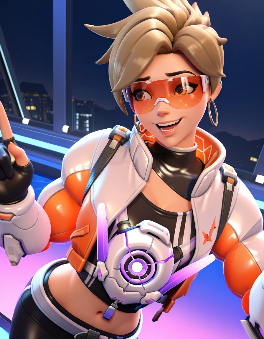 Masterpiece, high-res, 2k, best quality,   3d, 1 girl  , tracer (overwatch), tracer kpop , on a concert <lora:Tracer kpop-000035:1>  Playful Chase with Imaginary Friend: Chase after an imaginary object or person your expression playful and mischievous suggesting fun laughter and lightheartedness.