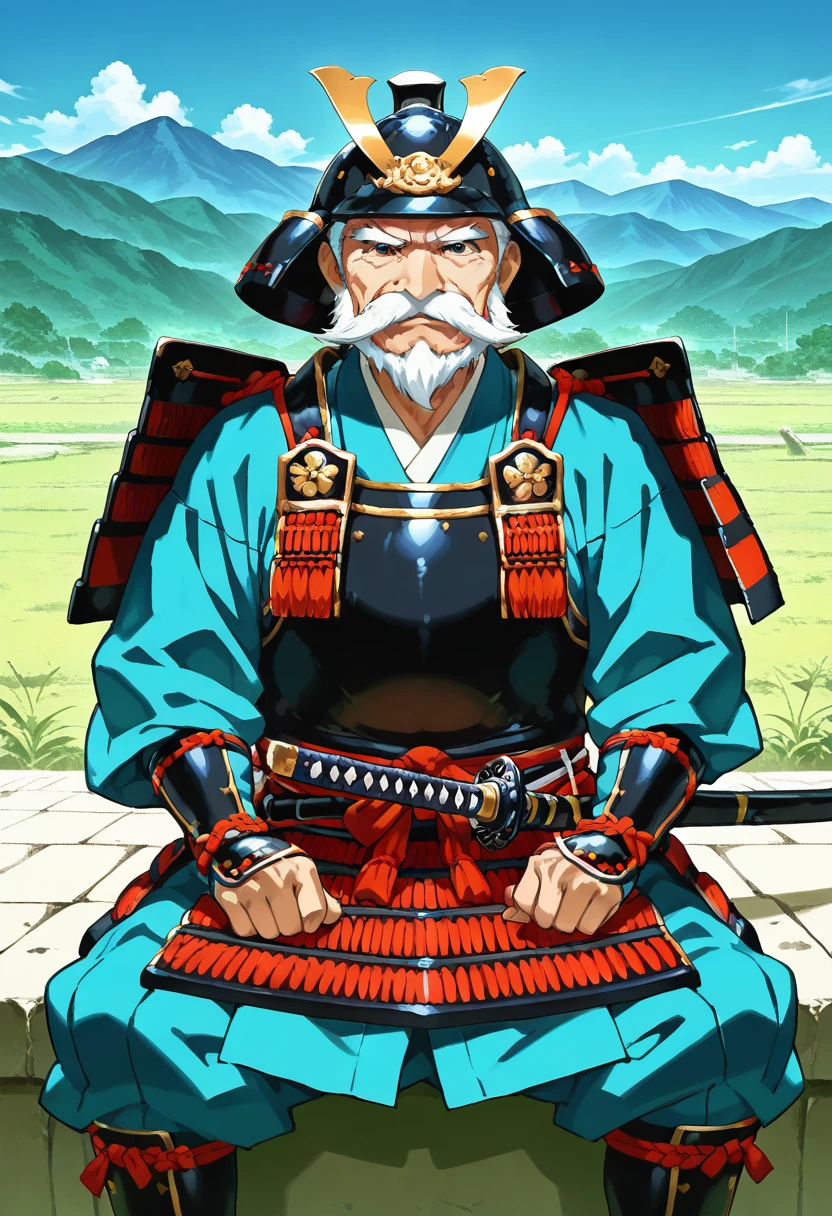 masterpiece, best quality, absurdres, detailed skin, detailed eyes, anime colored, anime screencap,
1 man, old man, bald, asian mustache, beard, looking at viewer, sitting, 
<lora:oyoroi-000008:1> , oyoroi, samurai, armor, shoulder armor, katana, (helmet),
mountainous horizon,