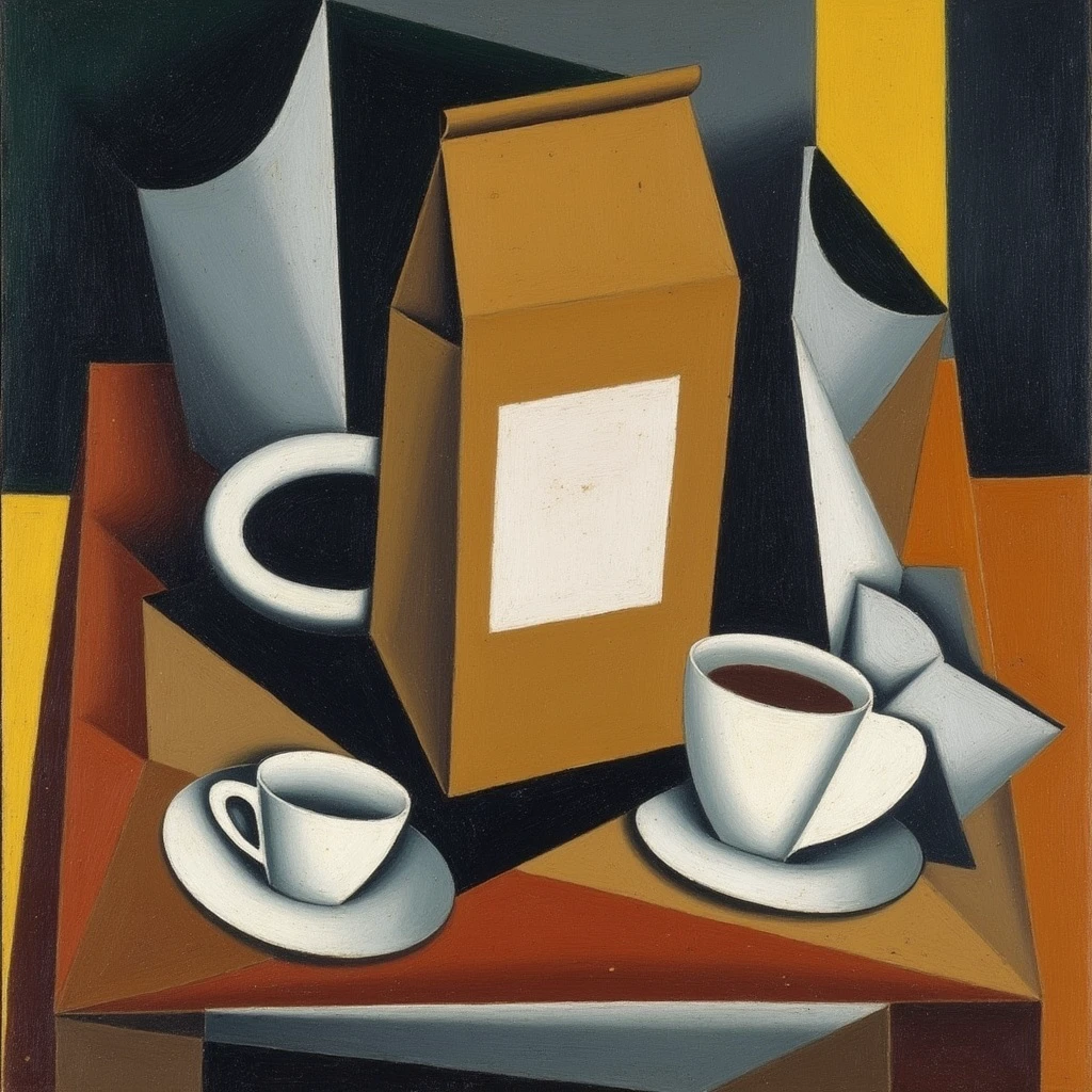 a JuanGris painting still life style of bag of coffee on a table