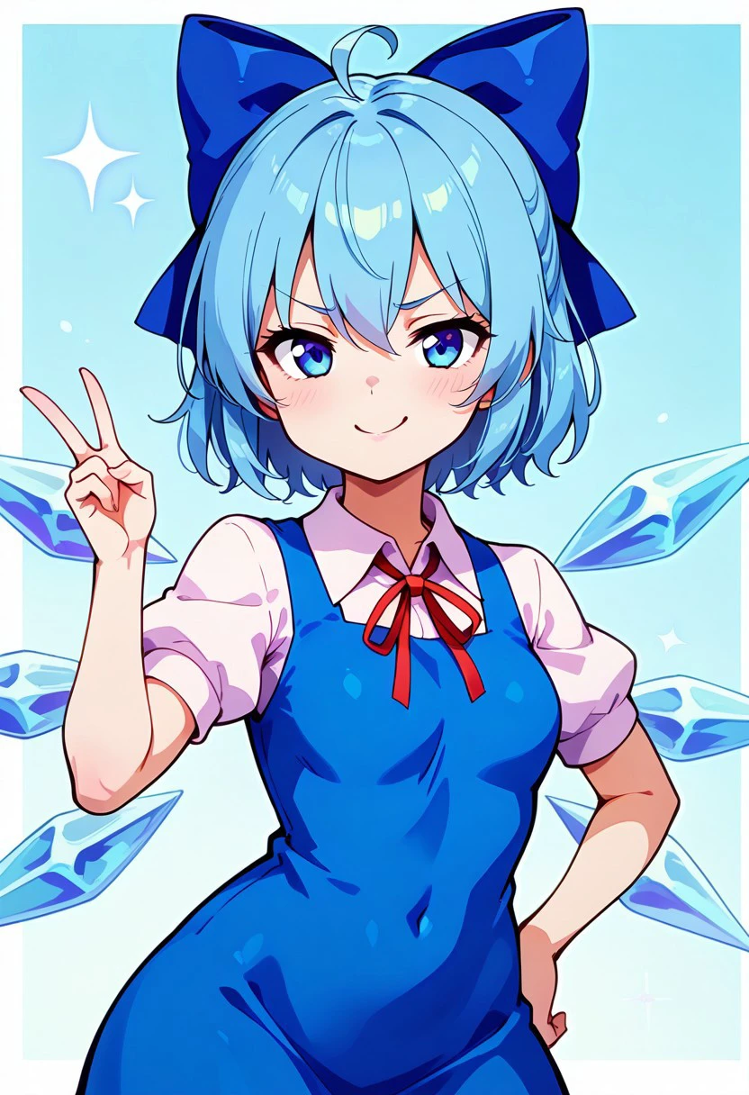 zzCirno, blue eyes, hair between eyes, ahoge, blue hair, hair bow, short hair, blue dress, puffy short sleeves, white shirt, bow, wings, ice, short sleeves, ice wings, dress, smug, (v), hand on hip, 
,medium breasts, curvy, smile, looking at viewer, pretty background, dynamic pose,