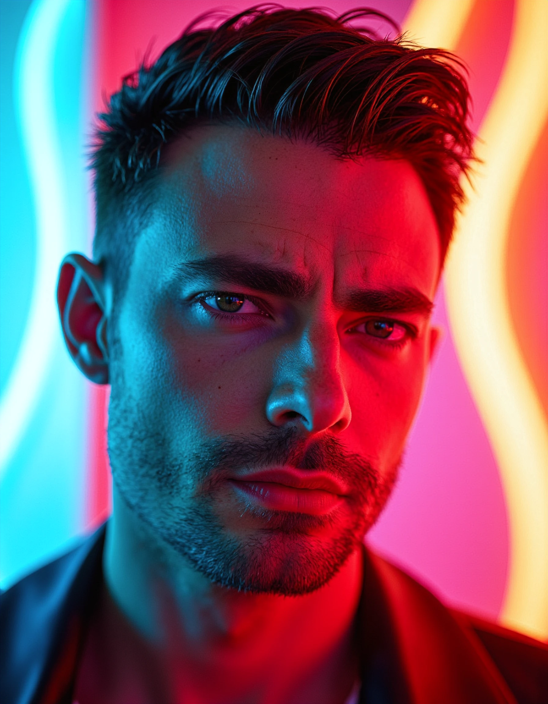 A photorealistic headshot of an attractive man middle aged man with a serious face, set against a vibrant neon background with swirling hues of cyan, magenta, and orange. The colored lights create bold, angular highlights along his jaw, with soft shadows adding depth to his face. The neon glow subtly reflects in his eyes, making his intense gaze even more captivating. The overall mood is modern, edgy, and electrifying.