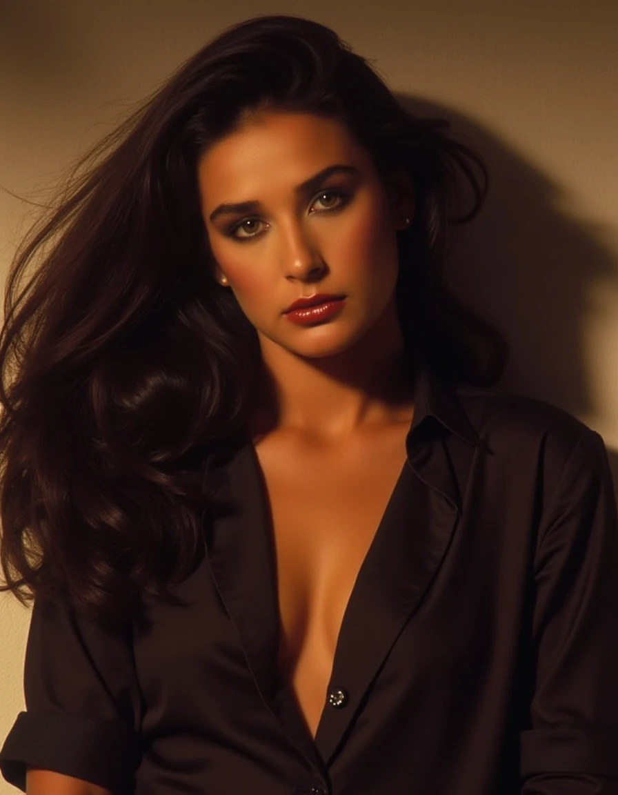 <lora:d3mim00r3:1.1> demimoore, depict a extremely sharp photo, Photography by Mimoza Veliu and Mario Giacomelli, beautiful, 25 years old, bold eyeliner, shinny lip gloss, dark eye shadow , long eyelashes , dark loose blouse, cleavage, petite body, beautiful legs, realistic soft skin, analog photo, Cinematic,