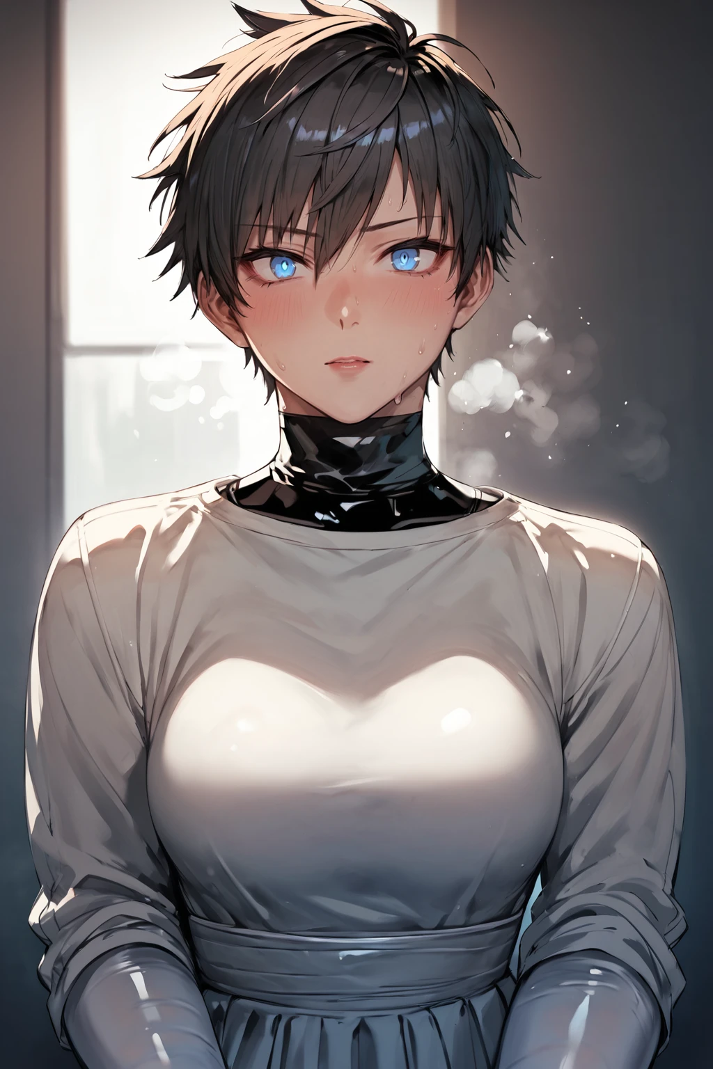 wedding dress, dynamic post, throwing her bouquet <lora:latex_under_clothes:1> latex under clothes, latex body suit, sweaty, steamy body, short tomboy hair, big boobs, blue eyes, source_anime, score_9_up,  score_7_up, score_8_up