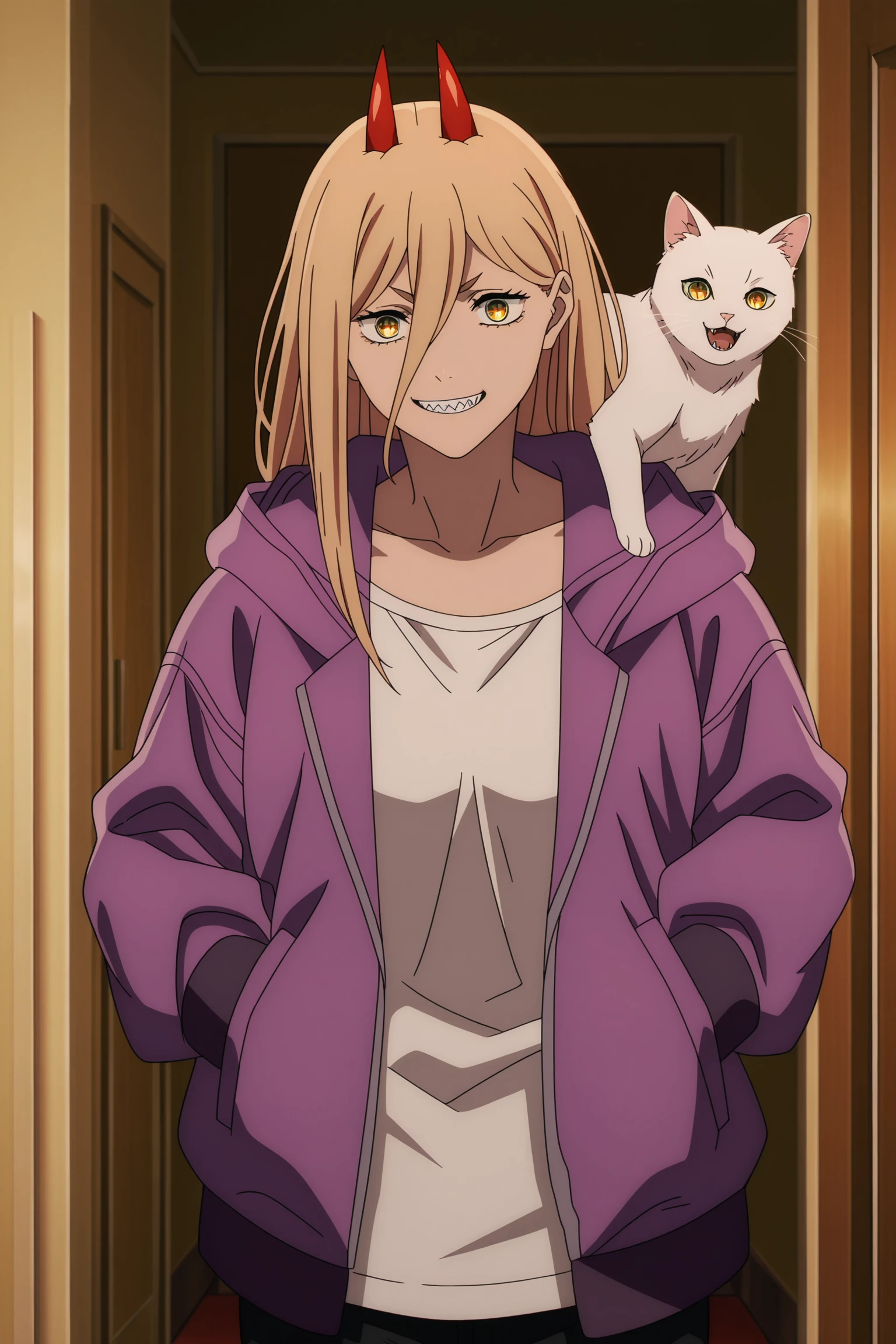 official anime artwork, screencap, anime coloring, anime screencap, best quality, 
in a room,
 <lora:Power_Chainsaw_Man_-_Illustrious:1>, 1girl, solo, red horns, long hair, hair between eyes, blonde hair, yellow eyes, symbol-shaped pupils, cross-shaped pupils, collarbone, sharp teeth,
Power purple jacket outfit, purple jacket, hoodie, long sleeves, open clothes, white shirt, black pants, 
cowboy shot, mouth open, happy smile, looking at the viewer,
white cat, cat on shoulder,