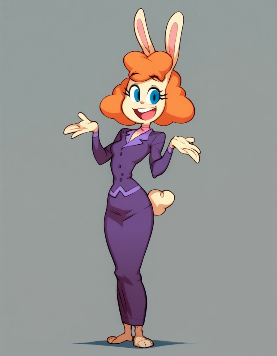 <lora:TammyT.U.F.FPuppyPony1.0:0.8> tammy, furry female, 1girl, rabbit girl, orange hair, rabbit ears, solo, formal, long sleeves, blue eyes, rabbit tail, buttons,  purple skirt, purple jacket, smile,barefoot, open mouth,standing,   score_9, score_8_up, score_7_up, score_6_up, score_5_up, score_4_up, looking at viewer, doxy,