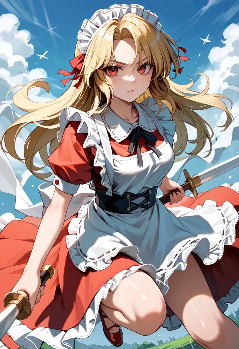 score_9_up, score_8_up, score_7_up, BREAK source_anime, (masterpiece), (best quality), 1girl, yumeko (touhou), blonde hair, dress, apron, long hair, sword, weapon, maid, maid headdress, holding, duel_wielding, raising sword, looking at viewer, upper knees, (ultra detailed), shine, from front, serious face, jumping, clear sky,  <lora:Yumeko_touhou(PC-98)-V1:1>