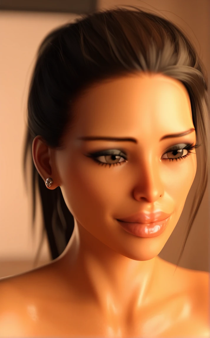 score_9, score_8_up, score_7_up, absurdres, <lora:PONYXL_STYLE_JackermanV2_ownwaifu:1>, BREAK PONYXL_STYLE_Jackerman_ownwaifu, 1girl, brown hair, brown eyes, jewelry, closed mouth, stud earrings, blurry background, lips, looking to the side, eyelashes, piercing, portrait, realistic, nose, long hair, looking at viewer, ponytail, brown background, light smile, nude, indoors, dark skin, dark-skinned female, makeup, depth of field, close-up, forehead, photorealistic, hair pulled back, 3d<lora:add-detail-xl:0.15>,