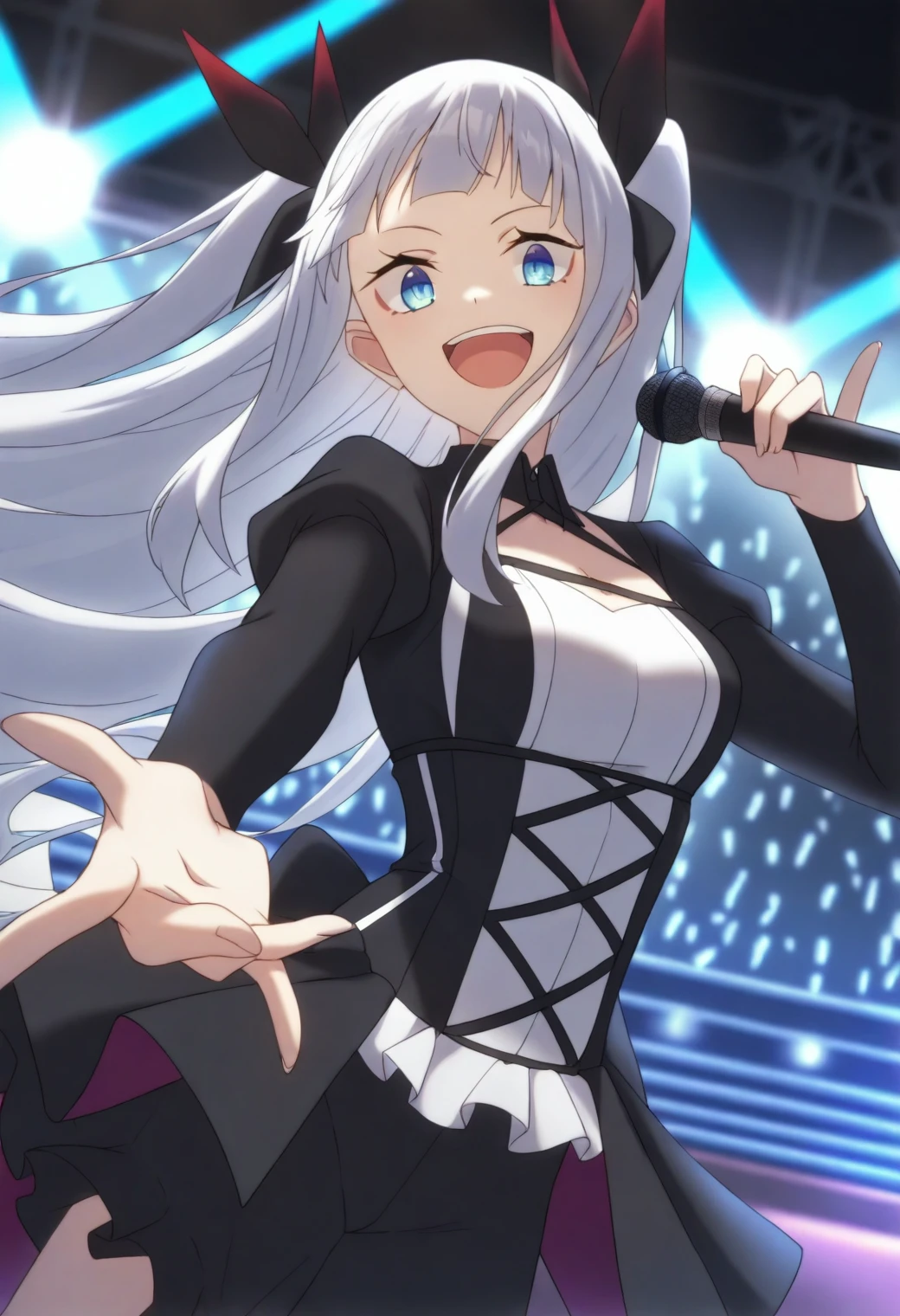 <lora:Lu - [Farming Life in Another World] - illustriousXL v1:1>, sysdeep_lu, silver hair, blue eyes, concert, stage lights, holding microphone, rock outfit, dynamic pose