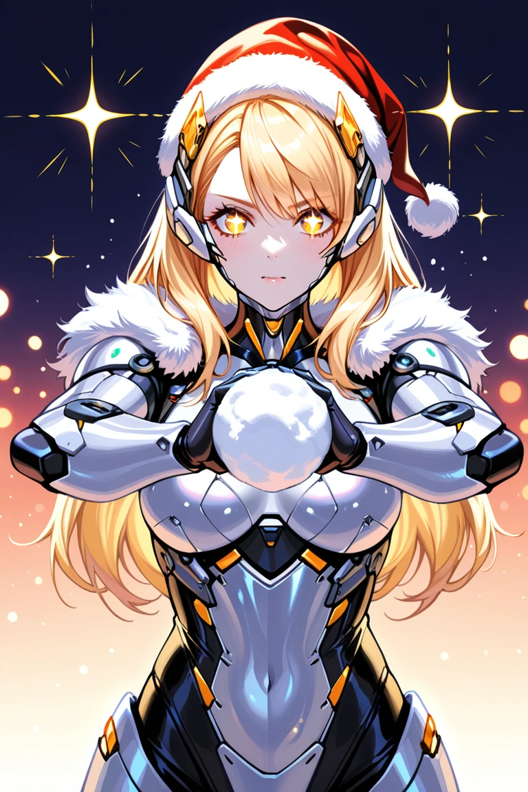 Snowball Fight, d2j3m0x, highly detailed digital artwork, female cyborg, futuristic sci-fi aesthetic, sleek metallic armor, glossy appearance, segmented armor, smooth pale skin, long blonde hair, loose waves, expressive eyes, contemplative gaze, Santa hat, red with white fur trim, festive theme, garland of sparkling ornaments, glowing multicolored lights, dark blue and purple gradient background, bokeh lights, pink orange yellow, magical holiday atmosphere, polished realistic style, intricate detail, reflective metallic textures