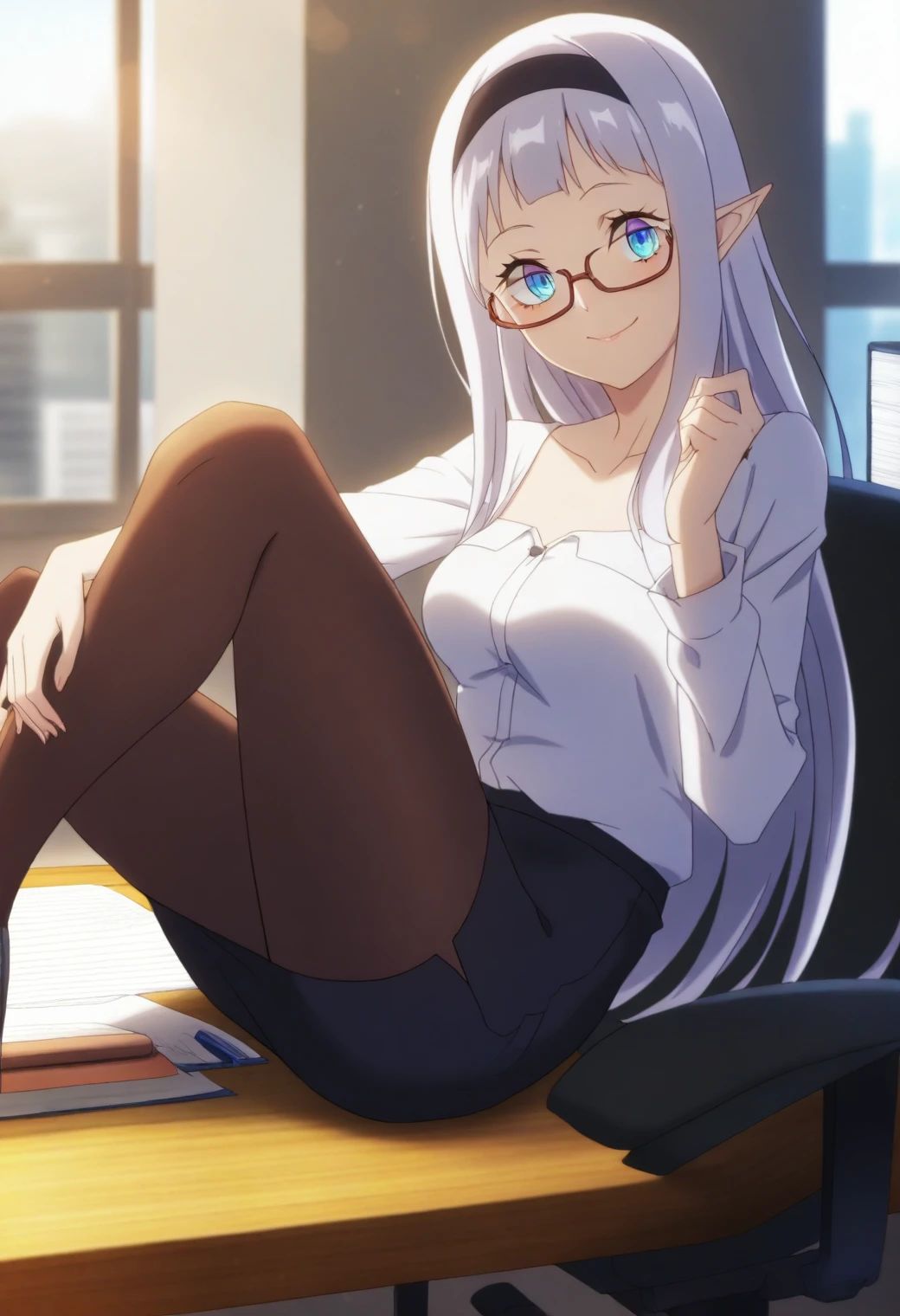 <lora:Lu - [Farming Life in Another World] - illustriousXL v1:1>, sysdeep_lu, silver hair, blue eyes, office, sitting at desk, pencil skirt and blouse, glasses, playful smile, soft lighting