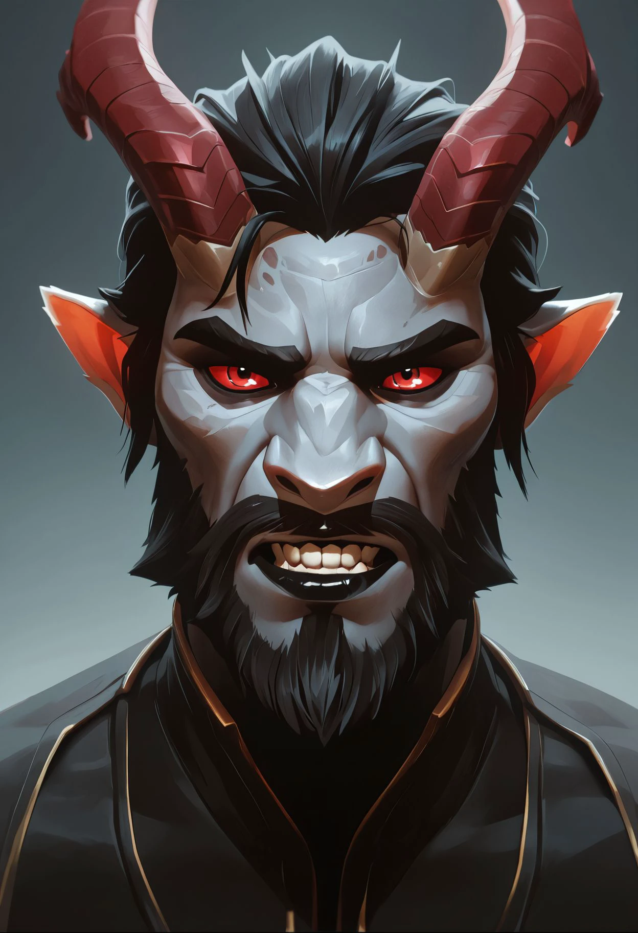 masterpiece,best quality,amazing quality,  <lora:arcane_style_illustrious_goofy:1> 1boy, male focus, horns, colored sclera, portrait, black lips, teeth, beard, furry male, red eyes, facial hair, looking at viewer, black hair