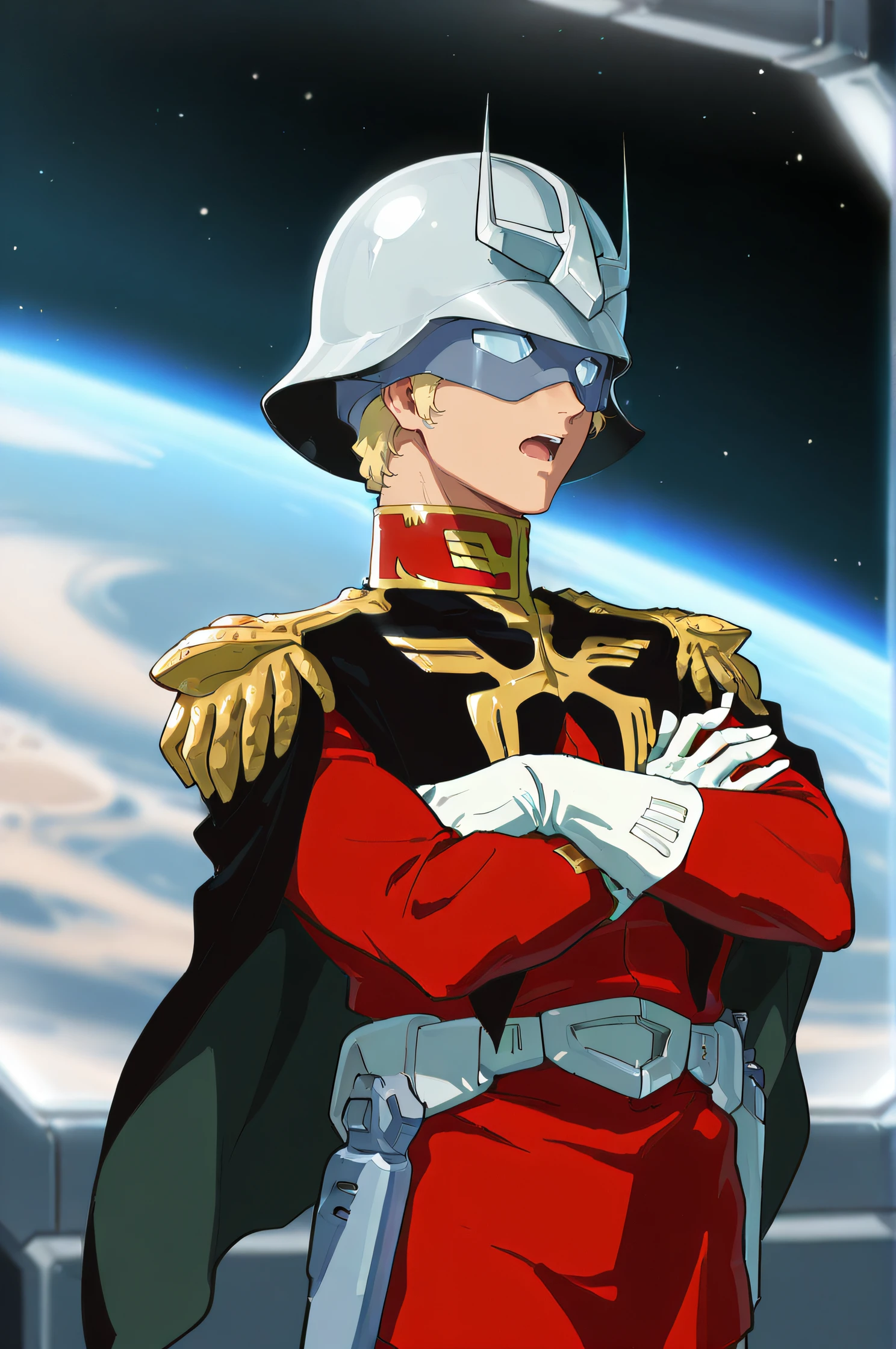 masterpiece, best quality, highres, newest, scenary, 1boy, solo, <lora:IL_Char_Aznable:1>, char, military uniform, mask, helmet, white gloves, long gloves, five fingers, crossed arms, space, open mouth, cowboy shot