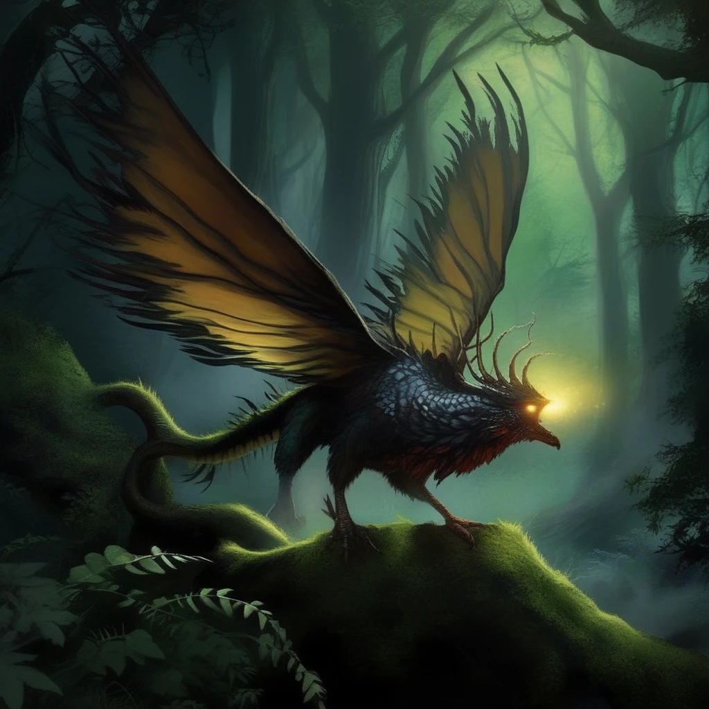 Gothic style  <lora:cockatrice:1> cockatrice, a cockatrice perched on a mossy stone in an enchanted forest, its reptilian body blending into the lush greenery. Its leathery wings are partially spread, revealing iridescent scales that shimmer in the faint moonlight breaking through the canopy. The camera angle is low, looking up at the creature, giving it a menacing and majestic aura. A soft mist swirls around the forest floor, diffusing the moonlight into an ethereal glow. Tiny magical fireflies illuminate the scene, casting a warm, golden hue against the cockatriceâs dark, sharp talons.
 . Dark, mysterious, haunting, dramatic, ornate, detailed