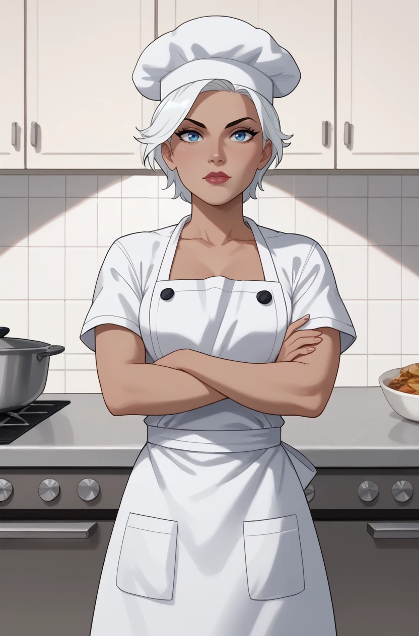 score_9, score_8_up, score_7_up, score_6_up, masterpiece, high quality, perfect face, perfect eyes, JLUIce, 1girl, white hair, short hair, blue eyes, chefs apron,  chefs uniform, chefs hat, kitchen, crossed arms, arms crossed
 <lora:JLUIce-80REPS:1>