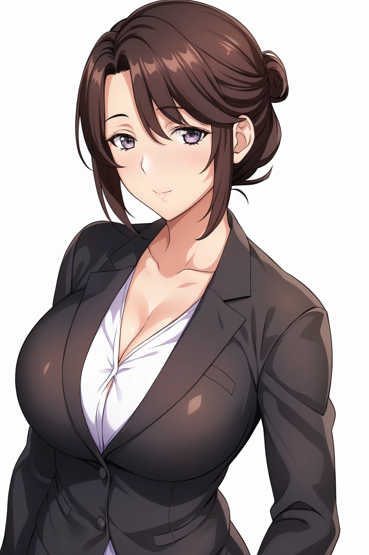 Simple Background,(White_Background:1.1),
dynamic pose,standing at attention,
Black Jacket, business suit, long sleeves, collarbone, cleavage, No bra, Black pencil skirt, 
<lora:Yumi_Suou_Roshidere-KK77-V1:0.7>, Yumi_Suou_Roshidere,
Purple eyes, Brown hair,bangs,Short hair,Makeup, red lipstick, hair bun,
<lora:more_details:0.1>,<lora:NovelAI_YesMix5_KKStyle-KK77-Yes5-V1:0.3>,<lora:Oda_Non_Style2-KK77-Yes5-V1:0.3>,
1 girl, 20yo,Young female,Beautiful long legs,Beautiful body,
Beautiful Nose,Beautiful character design, perfect eyes, perfect face,expressive eyes,perfect balance,
looking at viewer,(Focus on her face),closed mouth, (innocent_big_eyes:1.0),(Light_Smile:0.3),
official art,extremely detailed CG unity 8k wallpaper, perfect lighting,Colorful, Bright_Front_face_Lighting,White skin,
(masterpiece:1.0),(best_quality:1.0), ultra high res,4K,ultra-detailed,
photography, 8K, HDR, highres, absurdres:1.2, Kodak portra 400, film grain, blurry background, bokeh:1.2, lens flare, (vibrant_color:1.2),professional photograph,
(Beautiful,large_Breasts:1.4), (beautiful_face:1.5),(narrow_waist),