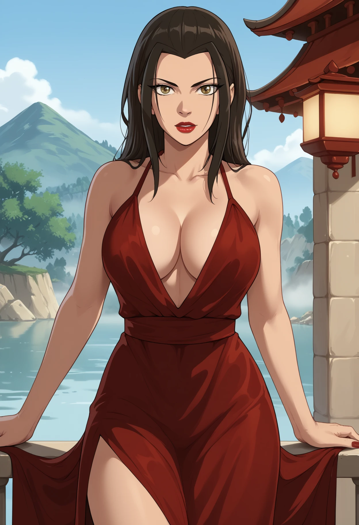 score_9, score_8_up, score_7_up, score_6_up, score_5_up, <lora:NM_Azula_atla:1>, BREAK NM_Azula_atla, 1girl, solo, brown eyes, brown hair, black hair, long hair, loose hair, breasts, large breasts, makeup, lipstick, red lips, slim waist, dress, red dress, cocktail dress, evening gown, black dress, cleavage, no bra, looking at viewer, outdoors