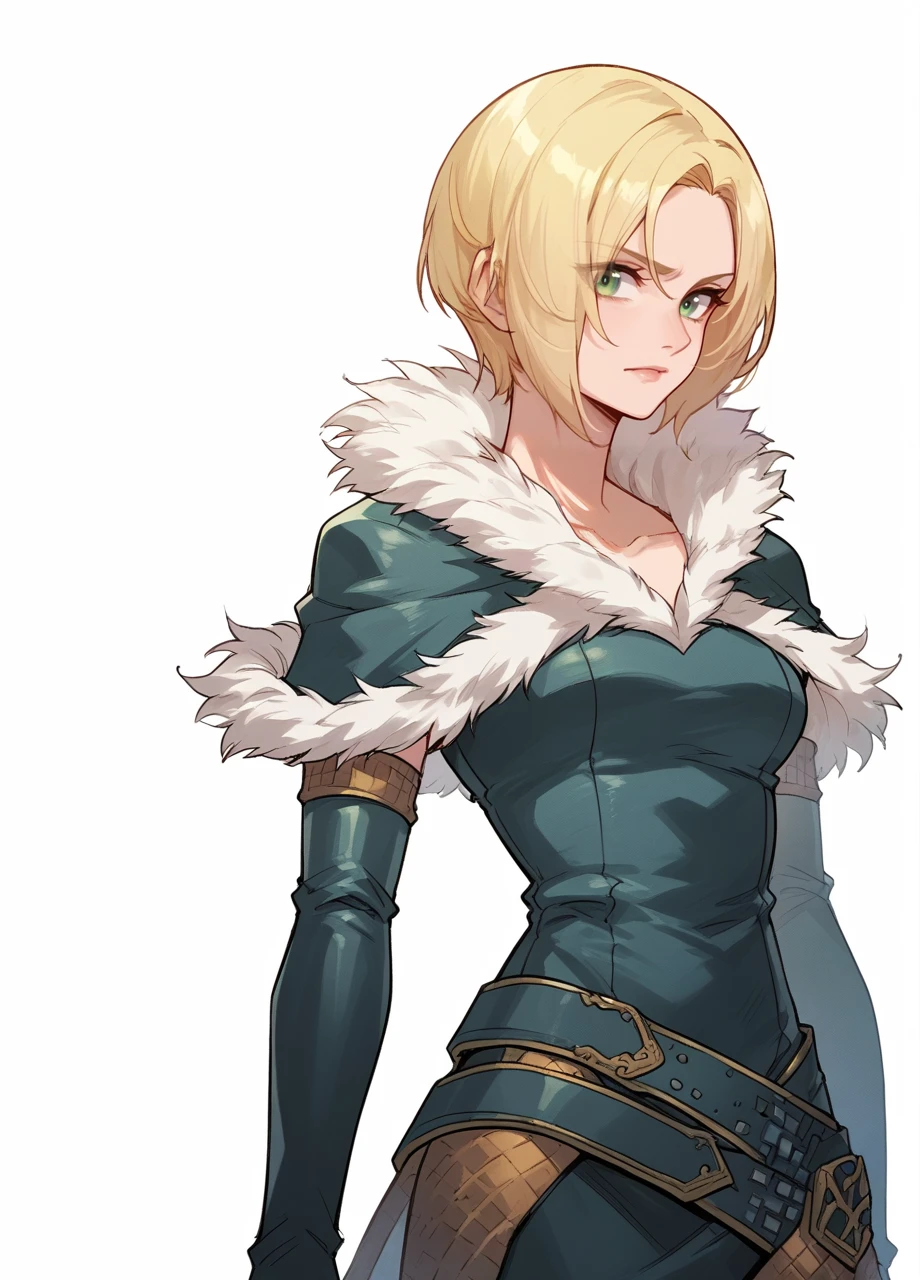 1girl, solo, cowboy shot, white background, vxibenedikta, short hair, blonde, green eyes, elbow gloves, fur-trim, capelet, leather dress, belt <lora:FF_Benedikta-PONY:0.8>, score_8_up, score_7_up, score_6_up, score_5_up, score_4_up,