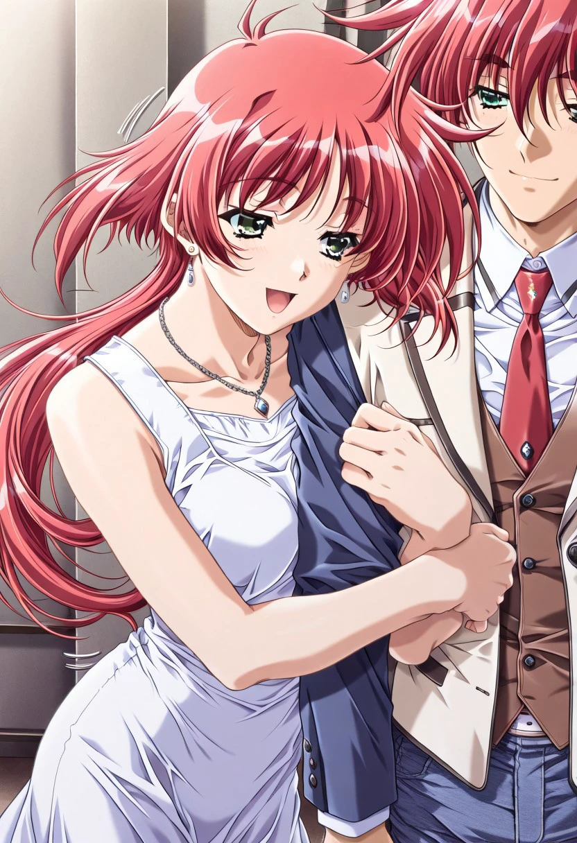 masterpiece, best quality, newest, highres, uncensored, yokota mamoru style,motion lines,1girl,Chain Jewellery,Dress, Earrings,Necklace,Vest,hug, arm hug, red necktie,happy,Ogata Shizuka Again Version,Red Hair, Ponytail, Waist Length Hair,Green eyes