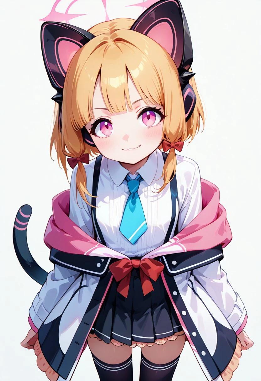 zzMomoi, pink eyes, pink halo, blonde hair, animal ears, fake animal ears, animal ear headphones, headphones, short hair, bow, halo, cat ear headphones, hair bow, red bow, tail, cat tail, collared shirt, long sleeves, pleated skirt, white shirt, black skirt, blue necktie, white jacket, wide sleeves, black thighhighs, suspender skirt
,smile, looking at viewer, pretty background,