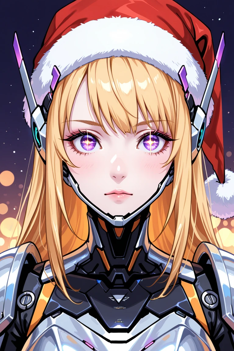 highly detailed digital artwork, female cyborg, futuristic sci-fi aesthetic, sleek metallic armor, glossy appearance, segmented armor, smooth pale skin, long blonde hair, loose waves, expressive eyes, contemplative gaze, Santa hat, red with white fur trim, festive theme, garland of sparkling ornaments, glowing multicolored lights, dark blue and purple gradient background, bokeh lights, pink orange yellow, magical holiday atmosphere, polished realistic style, intricate detail, reflective metallic textures,d2j3m0x