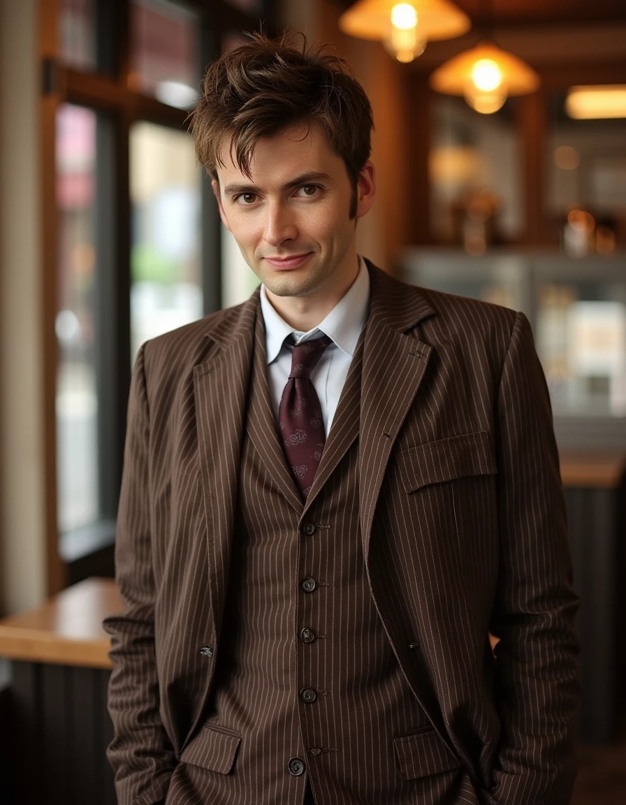 <lora:David_Tennant_Flux:1> This photograph features a man standing in a cafe.  He has short, tousled brown hair and a serious expression. He is dressed in a classic, vintage style, wearing a brown pinstriped suit jacket over a matching pinstriped vest and a white dress shirt. The shirt is complemented by a dark maroon tie with subtle patterns. The man's hands are casually placed in his pockets, giving him a relaxed yet confident demeanor. He is looking at the viewer smiling.