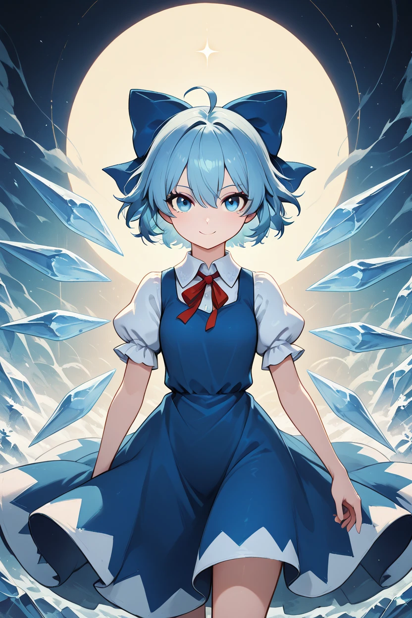 masterpiece, best quality, 1girl, solo, 21 year old model, eyelashes, (beautiful eyes),     ,,, <lora:CirnoTouhouIXL:1.0>, zzCirno, blue eyes, hair between eyes, ahoge, blue hair, hair bow, short hair, blue dress, puffy short sleeves, white shirt, bow, wings, ice, short sleeves, ice wings, dress,BREAK,,,   smile, looking at viewer, cowboy shot, abstract background, dynamic pose, wind, <lora:SmoothAnimeIXL:0.8>, <lora:princess_xl_v2:0.3>,