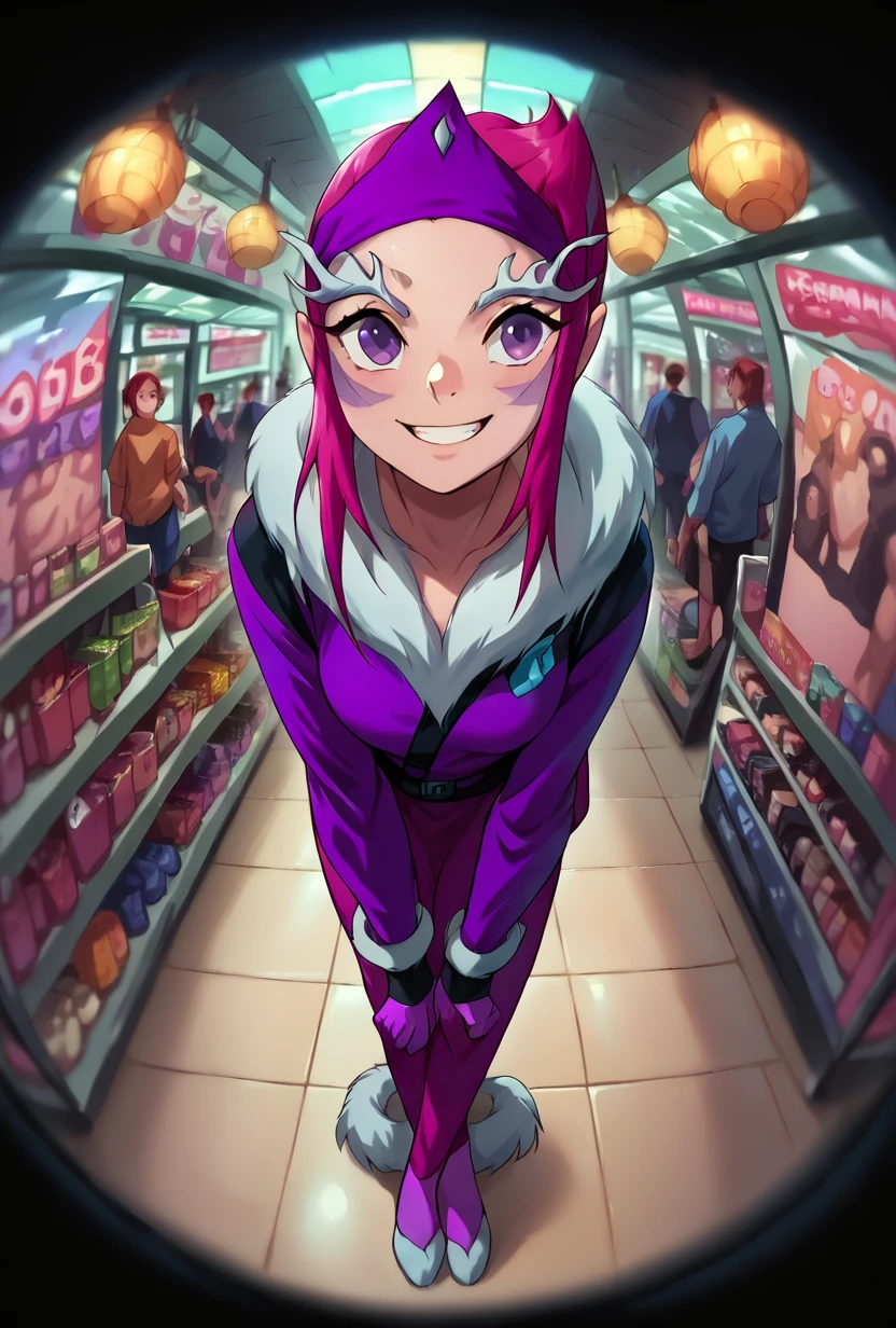 score_9, score_8_up, score_7_up,,  good quality ,, character focus, solo, detailed background, full body, <lora:ester-10:1> ester, 1girl, purple eyes, pink hair, , fur trim, colored skin   <lora:Fisheye_Style:1> fisheye, black border, leaning forward, shopping mall, multiple people, smiling