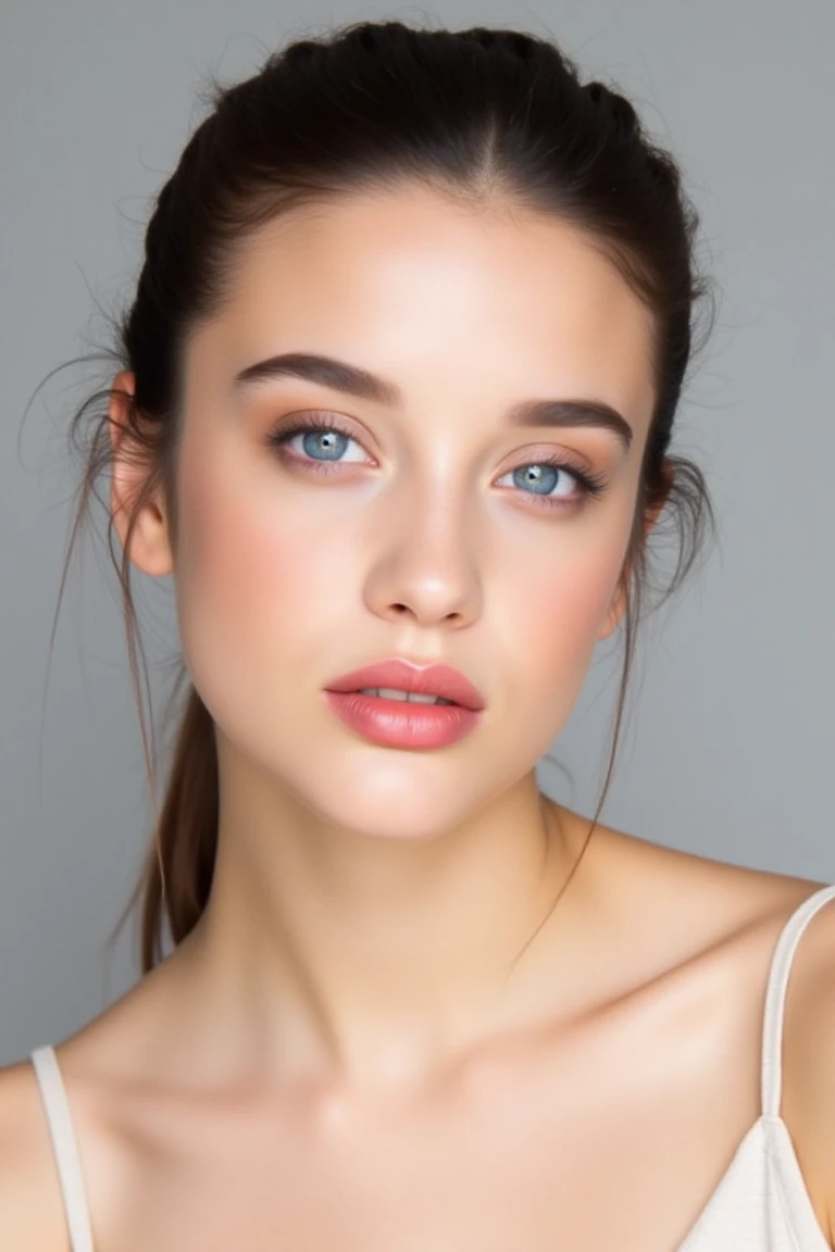 High quality realistic beauty shot of haniaaflx. A close-up shot of a woman. She is wearing a camisole blouse. Her lips are a light pink color. Her hair is pulled back. The backdrop is a light gray. She is giving a beautiful smile.