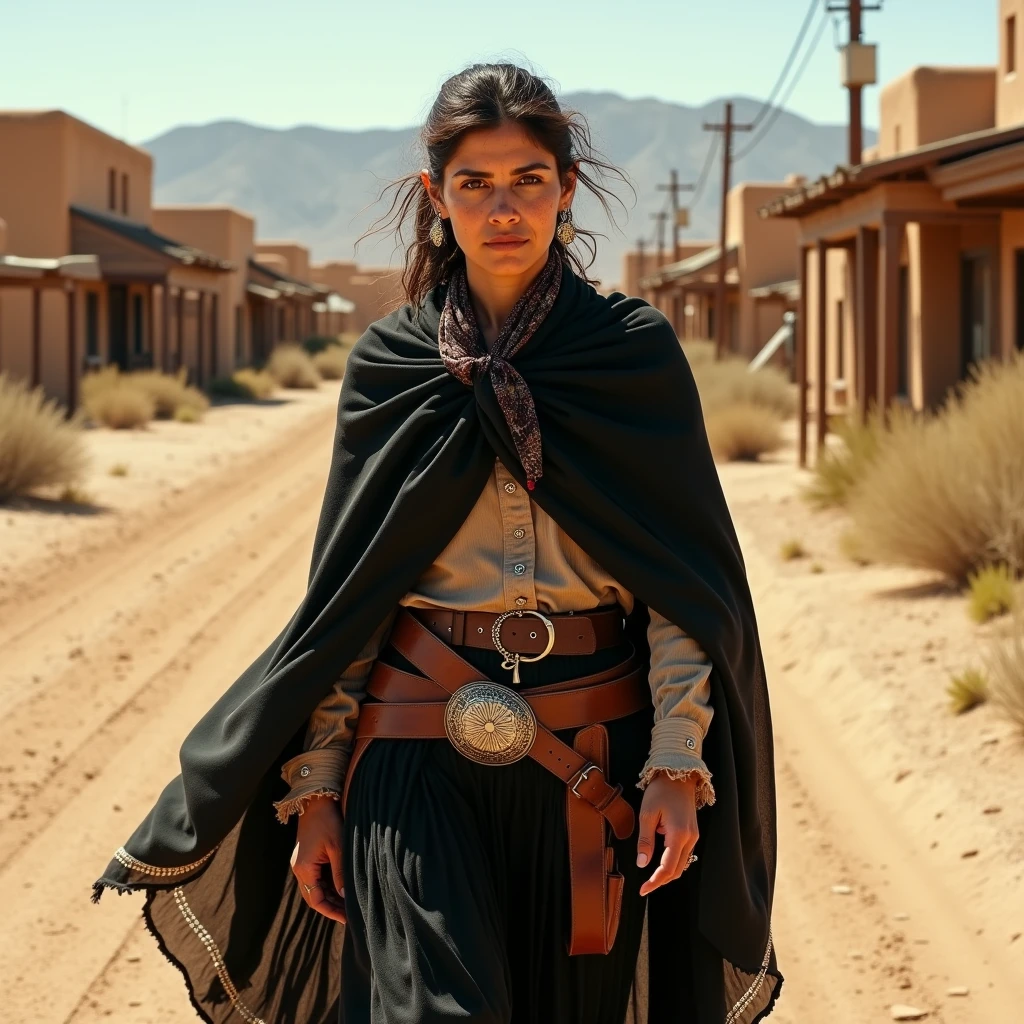 ovtlawz, close up, half body shot of a Mexican female outlaw strides confidently through a barren desert. She wears a dark rebozo draped over her shoulders and a flowing, ankle-length skirt with embroidered hems. Her blouse is modest yet practical, tucked into a wide belt decorated with silver conchos. The faint imprint of a pistol holster peeks from beneath her shawl. Her face has a few scars and soft wrinkles, she has a  hankerchief tied bandit-style below her chin. The camera frames her close up, and in the background an adobe town under the blazing midday sun. The lighting casts stark shadows, emphasizing the cracked desert floor and her defiant silhouette.