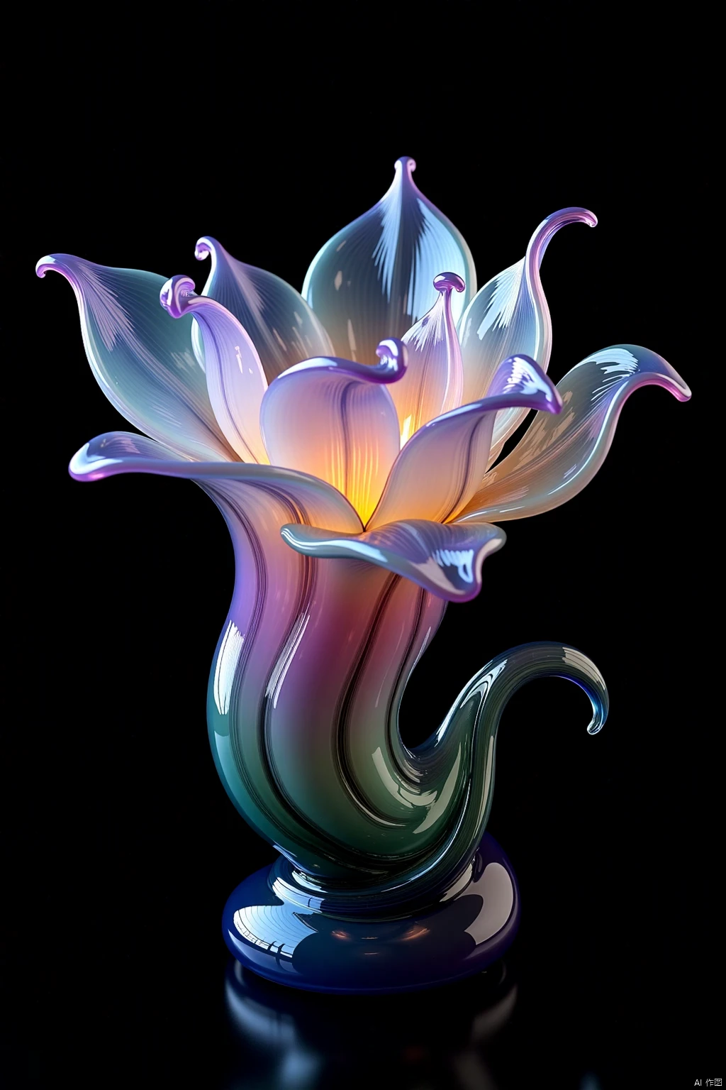 OBsgdys,
A breathtaking hand-blown glass sculpture, reminiscent of a blooming exotic flower, with delicate, translucent petals of vibrant iridescent blues, purples, and greens, unfurling gracefully against a stark black background. The glass is impossibly thin, capturing and refracting light to create an ethereal glow, revealing intricate veins and textured details within each petal. Studio lighting emphasizes the smooth, polished curves and the subtle color gradations, showcasing the artistry and craftsmanship of the piece. High detail, 8k, hyperrealistic.