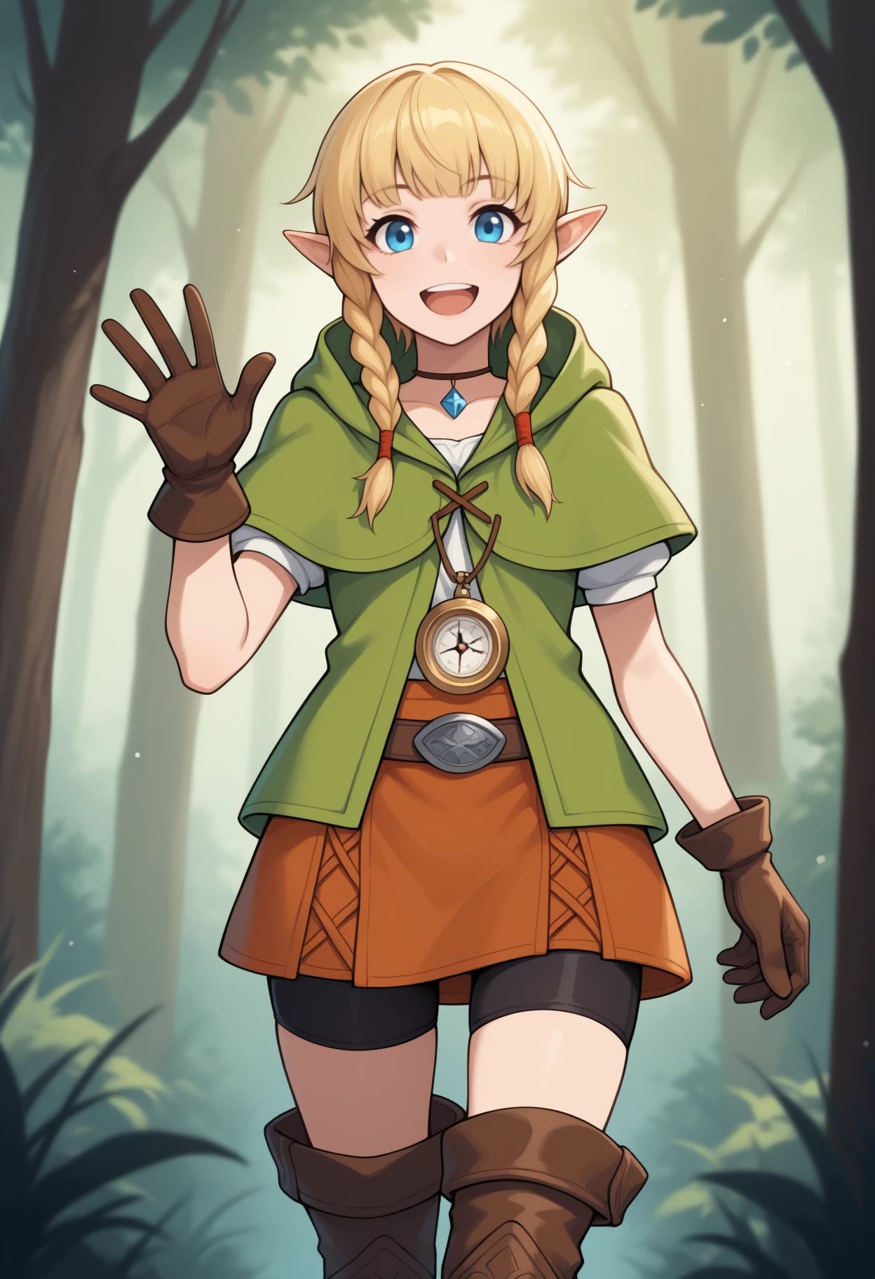 masterpiece, best quality, <break> solo, 1girl, l1nkle, :d, teeth, looking at viewer, standing, waving, long hair, blonde hair, twin braids, pointy ears, blue eyes, green capelet, hooded capelet, white shirt, short sleeves, brown gloves, brown skirt, belt, bike shorts under skirt, brown footwear, thigh boots, leather boots, choker, necklace, compass, outdoors, day, forest
<segment:yolo-Anzhc Face seg 640 v2 y8n.pt,0.4,0.5//cid=1>