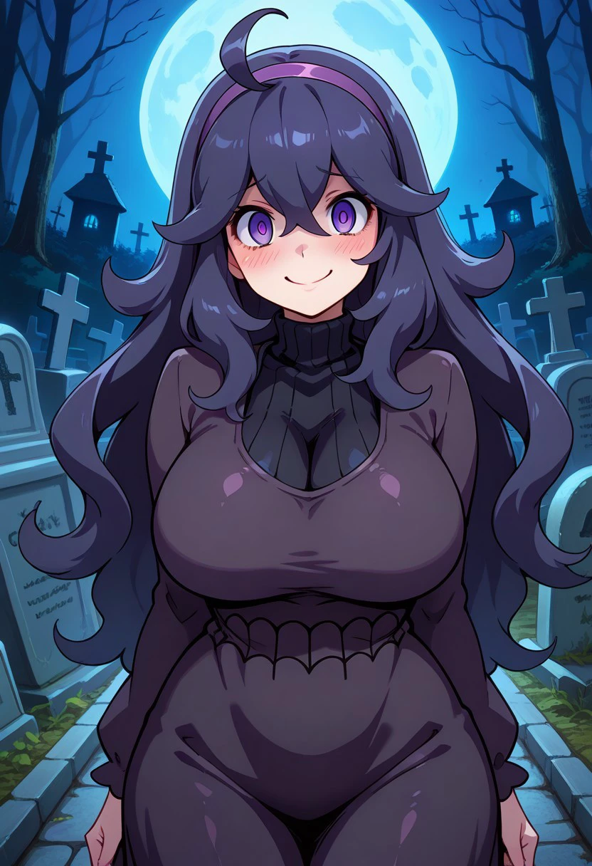 hex maniac (pokemon), long hair, ahoge, purple hairband, purple eyes, large breasts, long dress, crazy, blush, graveyard, ghosts,
upper body,
,curvy, smile, looking at viewer, pretty background, dynamic pose,