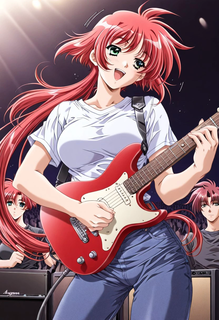 masterpiece, best quality, newest, highres, uncensored, 1girl, yokota mamoru style,motion lines,1girl,music,playing guitar,exciting,cheers,Concert,Ogata Shizuka Again Version,Red Hair, Ponytail, Waist Length Hair,Green eyes,leather,