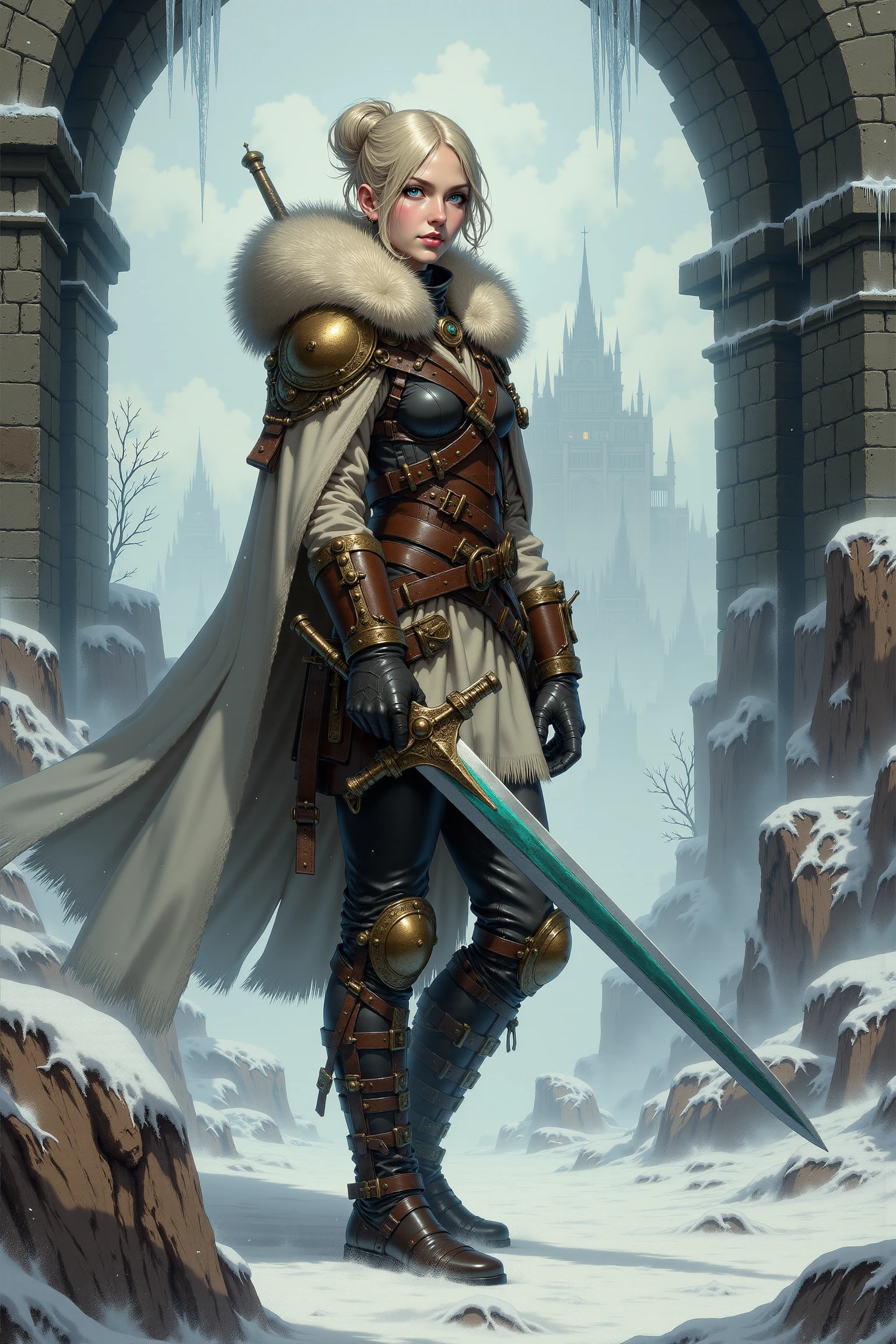 <lora:FANCHA_style:0.75> FANCHA style.  The image depicts a young and charming adventurer, standing in the ruins of an ancient, snow-covered fortress. ((The woman exudes elegance and determination, her charming blue eyes adorned with long eyelashes, her face is sophisticated and noble, neat smile, pink lips)). Her pale, silvery,  tousled hair cascades in loose waves around her shoulders, catching the cold light of the overcast sky. She is dressed in a rugged yet practical outfit designed for survival in harsh, frozen terrain. A thick, fur-lined cloak drapes over her shoulders, its texture adding warmth and a sense of protection against the biting cold. Beneath it, she wears a leather and studded armor ensemble, intricately detailed with straps, rivets, and small compartments that hold various tools and weapons. Pouches, vials, and utility items are fastened securely across her chest and waist. Her gloves and bracers, made of reinforced leather, are designed for both combat and harsh conditions, bearing signs of wear and use. In her right hand, she holds a gleaming sword with a polished steel blade that catches the icy light, its edge slightly green-tinted, suggesting magical properties or a unique alloy. The hilt is ornate yet functional, adorned with subtle engravings that hint at its storied history. Her left hand rests near her waist, close to a dagger. The background is a wintry, desolate landscape of towering, crumbling spires and jagged ruins partially obscured by swirling snow and icy mist. Icicles hang from the archway framing her figure, while patches of frozen stone and frost-covered rubble litter the ground. Snow falls lightly around her, adding motion and atmosphere to the scene. The muted palette of whites, grays, and icy blues contrasts with the warm tones of her fur and the glow of her blade, drawing the viewerâs attention to her as the central figure. The composition conveys a sense of isolation and resilience, highlighting her as a lone charming adventurer in a beautiful, snow-covered world. The interplay of textures, from the softness of her fur-lined cloak to the sharpness of her blade, enhances the visual richness.