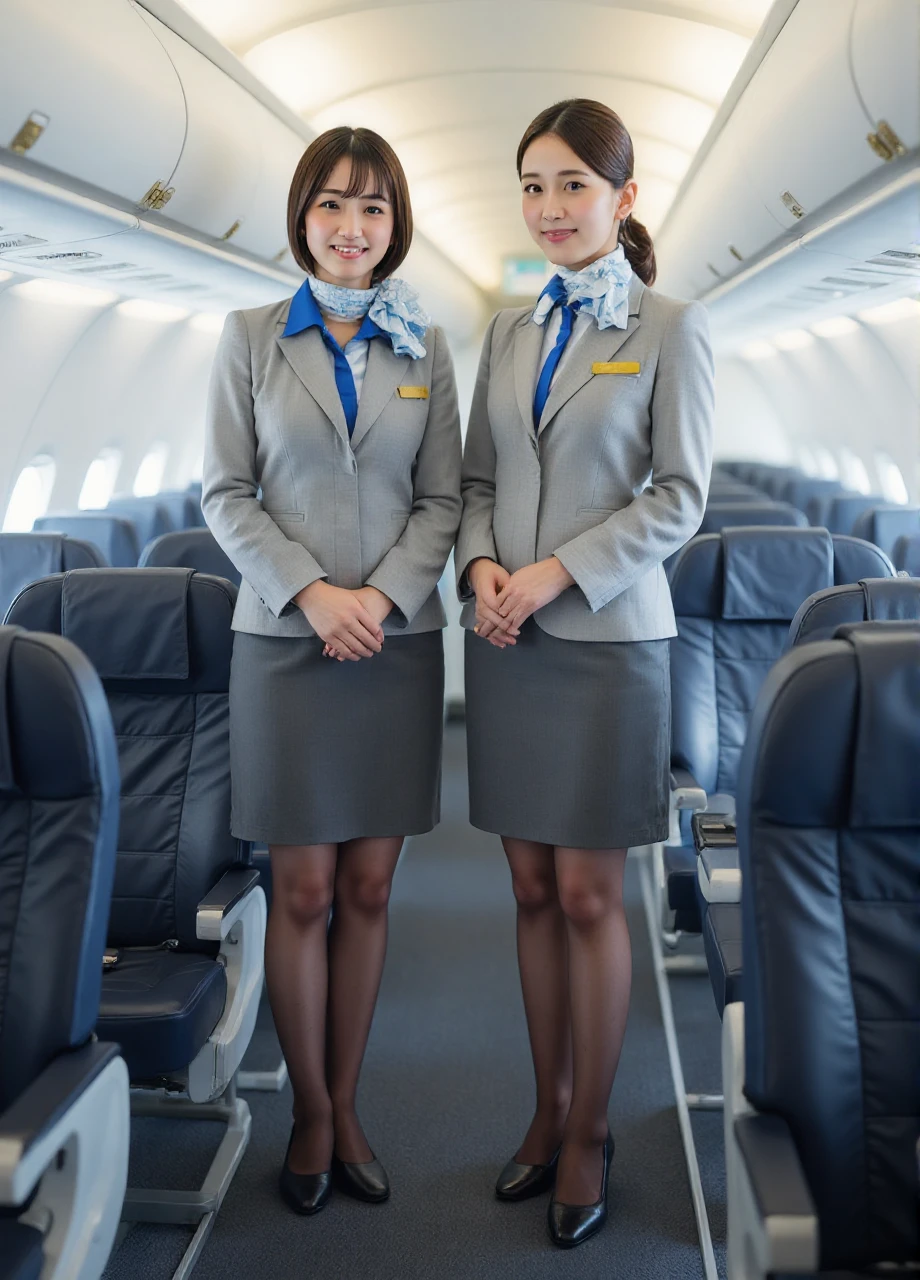 Photograph of two female flight attendants standing.,They wear grey uniforms with blue accents,black tights,and black high heels. One has her hands clasped,<lora:FLUX.1-Turbo-Alpha:1>,beautiful japanese girl,<lora:FLUX_ANA_CA_r1:0.9>,caana,miniskirt,<lora:yayoi-lora-flux:0.9>,(inside a passenger plane:1.2),dynamic pose,different faces,