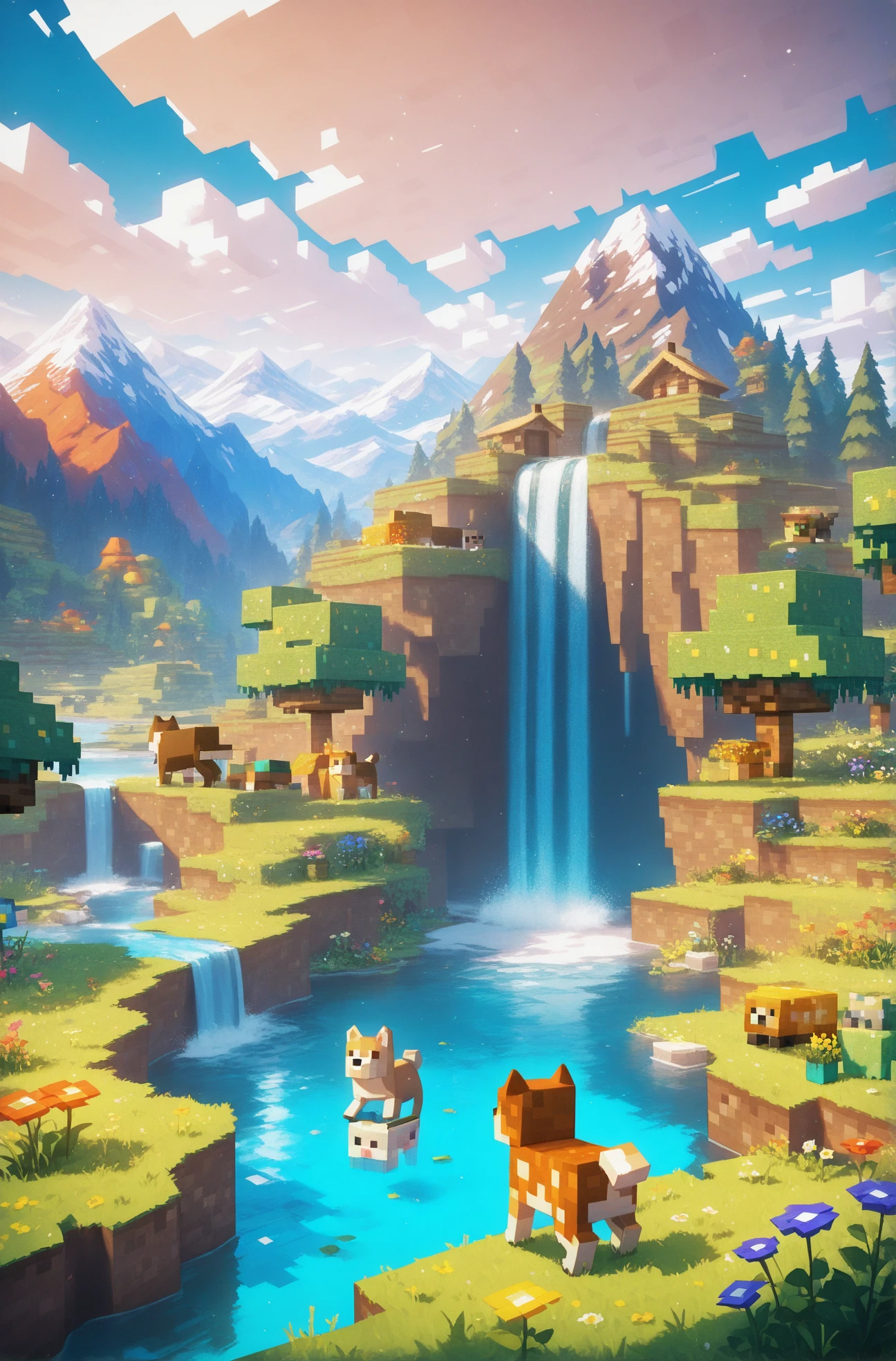 masterpiece, best quality,
no human, scenery, colorful, HD, 8k, flowers, hut, waterfall, lake, clouds, mountain, dogs in foreground 
<lora:minecraft filter [IL]_1:0.8> minecraft filter,