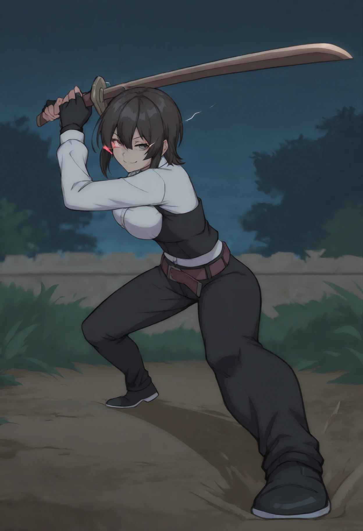masterpiece, best quality, newest, absurdres, highres, dark, outdoors, night, closed mouth, smug, grin, looking at viewer, medium breasts, 1girl, solo, <lora:Elna_Stongs_Illustrious-000010:1> estonggsslna, short hair, brown hair, sidelocks, hair between eyes, bangs, brown eyes, white shirt, dress shirt, underbust, black gloves, fingerless gloves, belt, black pants, black footwear, full body, incoming attack, dynamic pose, foreshortening, holding sword, eye trail, light trail