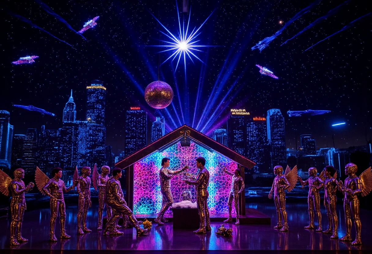 A retro-futuristic manger pulsates with neon energy, its chrome walls reflecting a kaleidoscope of swirling colors. Mary and Joseph, clad in silver jumpsuits and sporting gravity-defying hairstyles, strike dynamic poses. Hovering above the manger, a disco ball spins, casting a mesmerizing light show upon the scene.
A chorus of robotic angels, their metallic wings whirring and flashing, fills the air with synthesized hymns. The Star of Bethlehem, now a pulsating orb of pure energy, showers the scene with cosmic rays and stardust.
In the background, a towering cityscape of chrome and glass stretches towards the heavens, its neon signs casting a vibrant glow upon the futuristic landscape. Flying cars zip through the air, leaving trails of light in their wake.
This is a nativity scene reimagined for the space age, a celebration of technology and wonder, where the traditional meets the futuristic in a dazzling display of cosmic energy and retro-futuristic style.<lora:Nativity Scene Style_epoch_10:1>