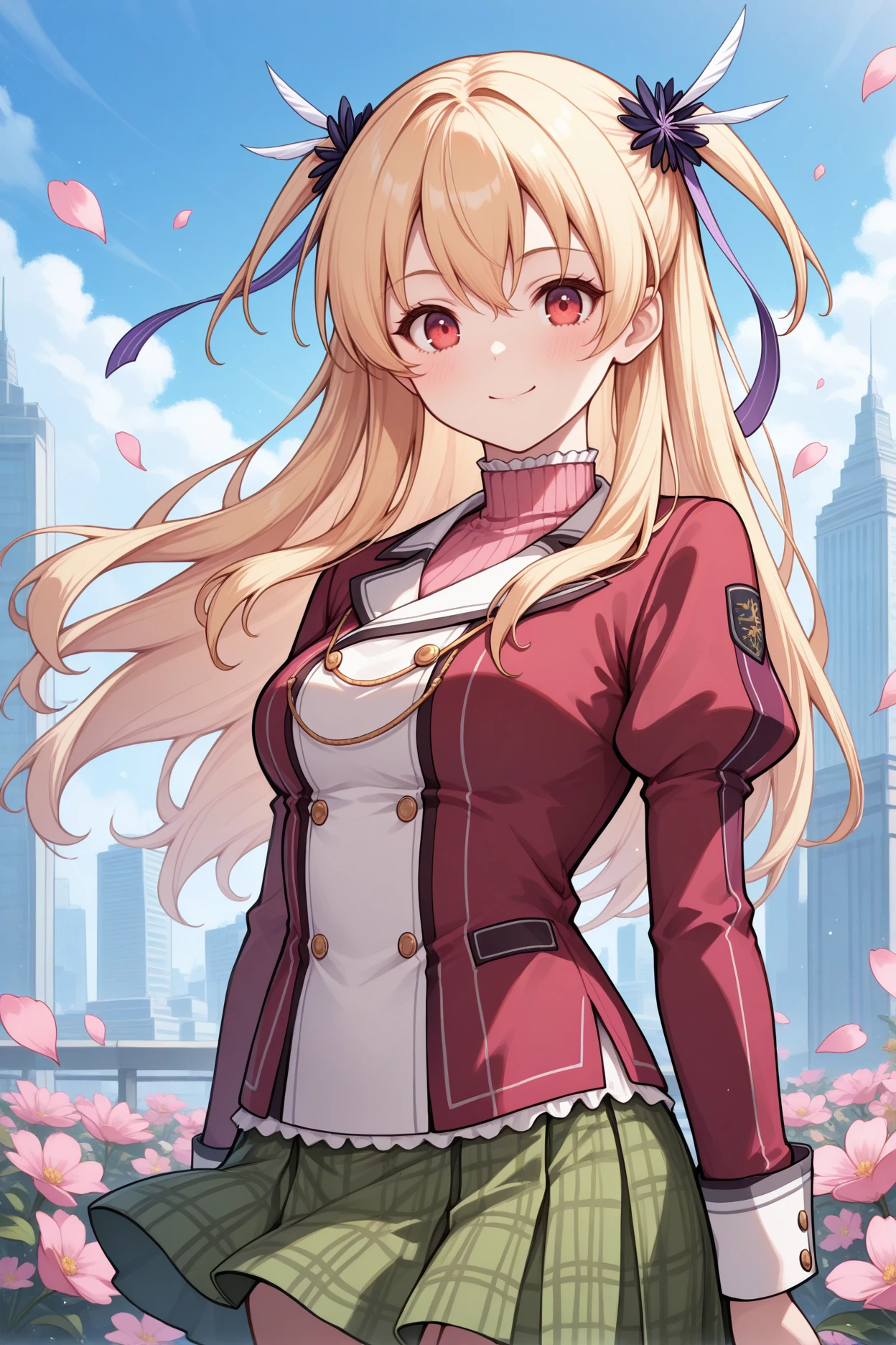 masterpiece, best quality, 1girl, solo, <lora:alisareinford-illu-nvwls-v1-000006:1> sen1alisa, blonde hair, two side up, red eyes, purple ribbon, pink turtleneck, red and white blazer, puffy sleeves, green miniskirt, plaid skirt, upper body, looking at viewer, smile, blush, blue sky, city, flower petals