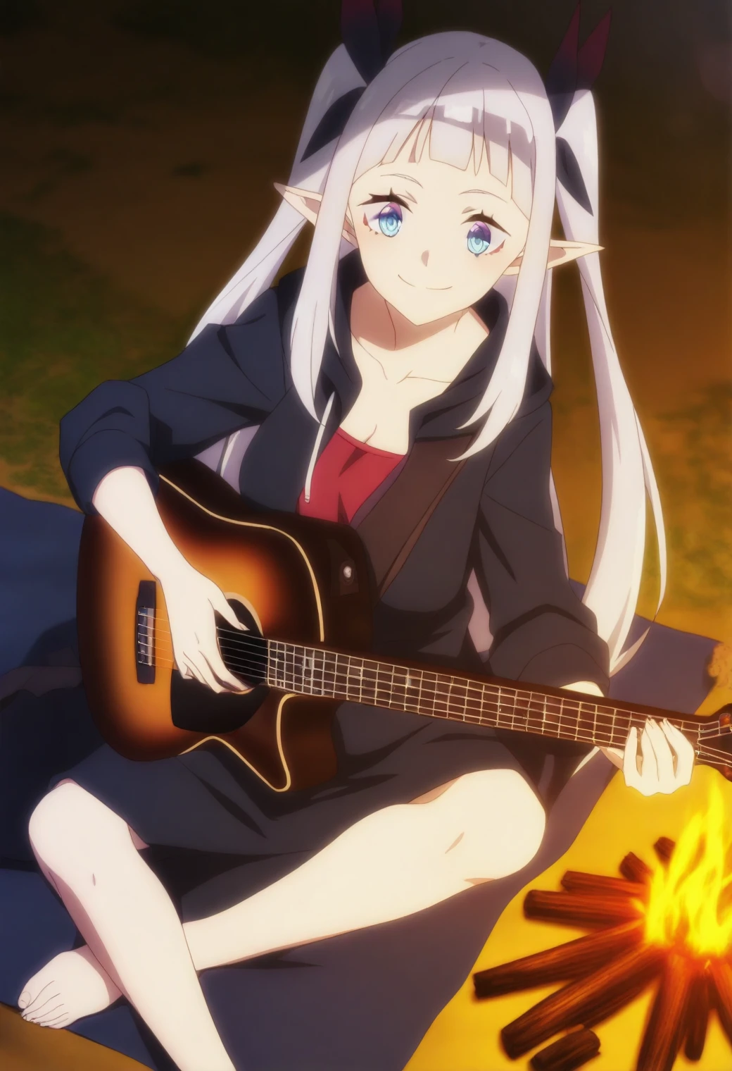 <lora:Lu - [Farming Life in Another World] - illustriousXL v1:1>, sysdeep_lu, silver hair, blue eyes, beach bonfire, sitting in circle, holding guitar, warm light, happy faces