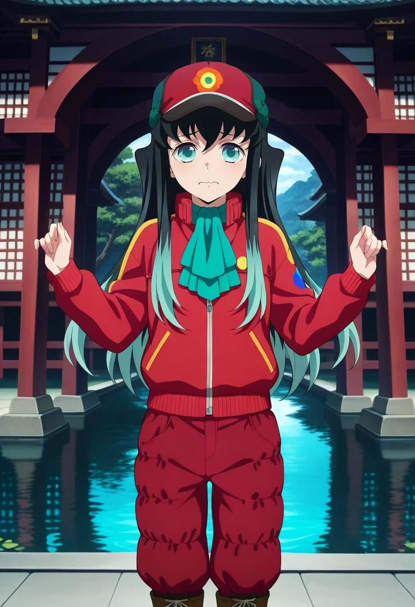 masterpiece, best quality, , anime screencap, anime coloring, , , , 1boy, solo, male focus, <lora:muichirou_tokitou_ilxl:0.9>, muichirou_tokitou, black hair, aqua eyes, long hair, bangs, hair between eyes, sidelocks, multicolored hair, two-tone hair, gradient hair, aqua hair, wide angle, wide shot, cowboy shot, pond, arch, japanese architecture, dark, w arms, wavy mouth, Quilted pants, Tie-dye Ruby Leather jacket, Hiking boots, Ascot cap,