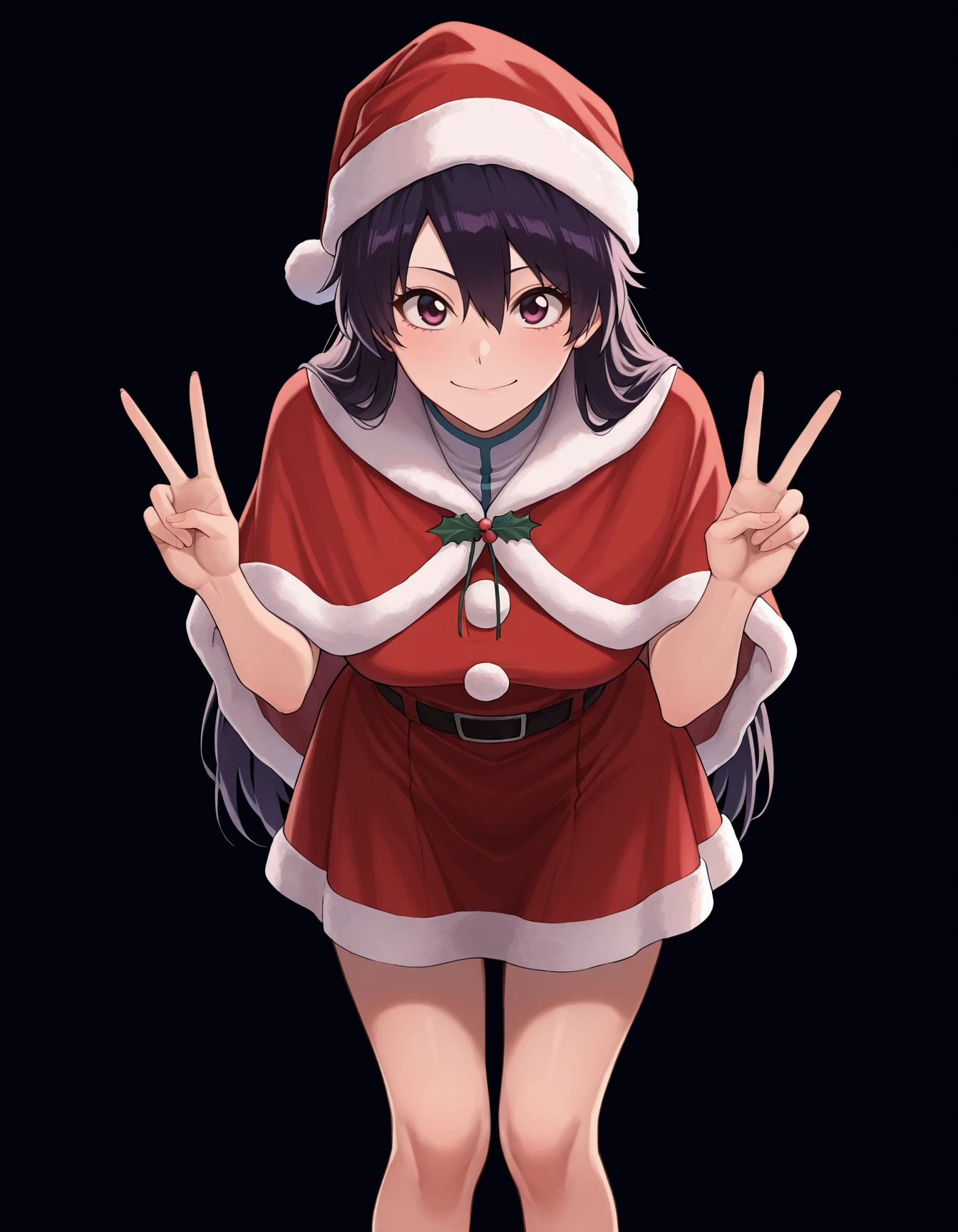 <lora:Bambietta_Basterbine_Illustrious:1>
simple black background,
bambietta_basterbine, 1girl, black hair, long hair, hair between eyes,
Christmas clothes, santa outfit, smile, santa hat, double v, 
feet out of frame, leaning forward, standing, looking down at viewer, 
simple background, masterpiece, best quality