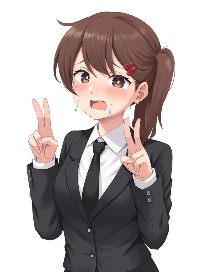 <lora:Kobeni_-_Flux:1> This is a digital anime-style drawing of kobeni. Kobeni has long brown hair, styled with a side ponytail, and a red hair clip. She is wearing a black suit with a white shirt and a black tie. Kobeni's face shows distress, with tears streaming down her cheeks. She is making a peace sign with both hands. The background is plain white, emphasizing kobeni's emotional state. The drawing is detailed, with a focus on kobeni's expressive eyes and tears.