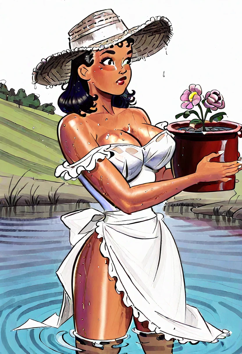 <lora:Dan_Decarlo_PinUp_ILXL:0.9> dandecarloxl, cartoon srtyle, 1girl, solo, exterior, beautiful mexican young lady holding a large clay pot with flowers, farmer hat, white apron, black hair, large breasts, bare shoulders, sexy, dark skin, strong arms, partially submerged in the water, wet body, cleavage, waist-deep water,