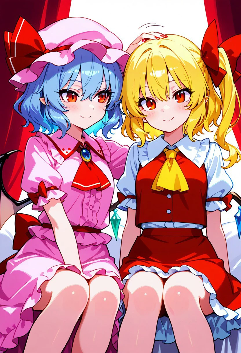 masterpiece, best quality, 21 year old model, eyelashes, (beautiful eyes),    
2girls,  zzRemilia, red eyes, blue hair, short hair, hat, ribbon, wings, ascot, hat ribbon, pink dress, bat wings, short sleeves, frills, puffy sleeves, zzFlandre, red eyes, blonde hair, one side up, hair between eyes,  wings, ascot, red skirt, hat ribbon, short sleeves, puffy sleeves, mob cap, red shirt,
smile, looking at viewer, shiny skin,
embarassed, (head pat),
sitting, looking at each other, facing each other,