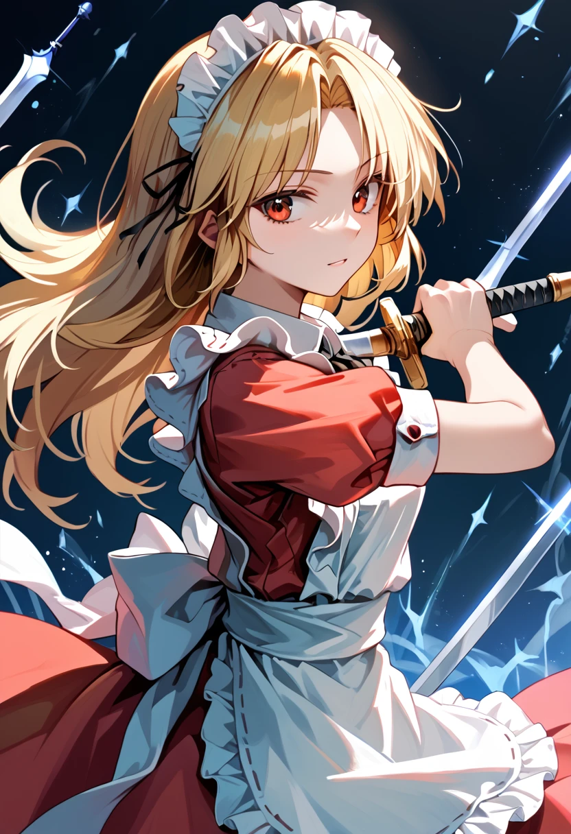 score_9_up, score_8_up, score_7_up, BREAK source_anime, (masterpiece), (best quality), 1girl, yumeko (touhou), blonde hair, weapon, dress, apron, holding, long hair, sword, maid, maid headdress, duel wielding, looking at viewer, upper body, (ultra detailed), shine, (from side:0.6),  <lora:Yumeko_touhou(PC-98)-V1:1>