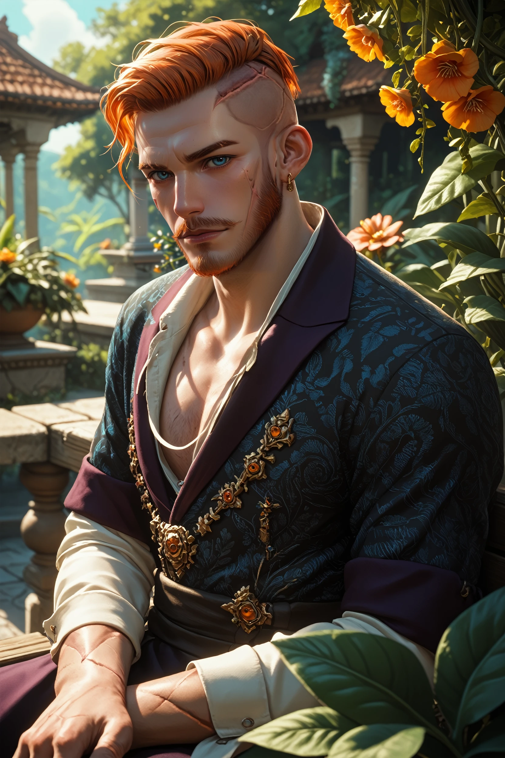 score_9, score_8_up, score_7_up,
<lora:W3Olgierd:0.8>
W3Olgierd, 1boy, orange hair, blue eyes, facial hair, undercut, scar, looking at viewer, sitting on a stone bench in a Mediterranean courtyard, wearing a light linen suit, vines and flowers around, warm sunlight, elegant and relaxed mood