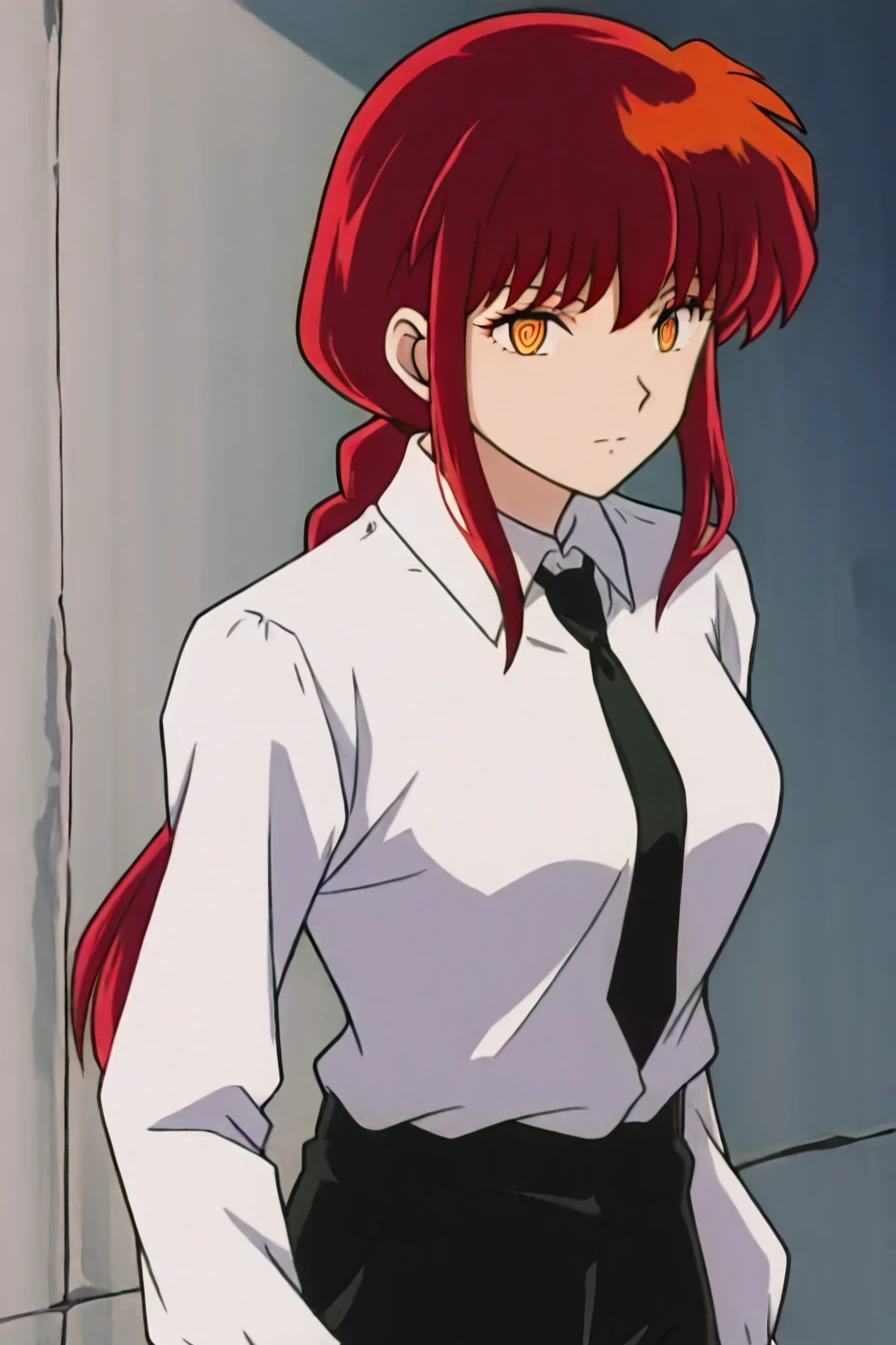 <lora:mak1ma0XL_Pony_v1:0.6> , mak1ma0, (makima:0.6), red hair, long hair, ringed eyes, braid, white collared shirt,black necktie, black pants, 1girl, solo, alone, <lora:inuyasha_style_illustriousXL:1>, inuyasha_style,  masterpiece, highres